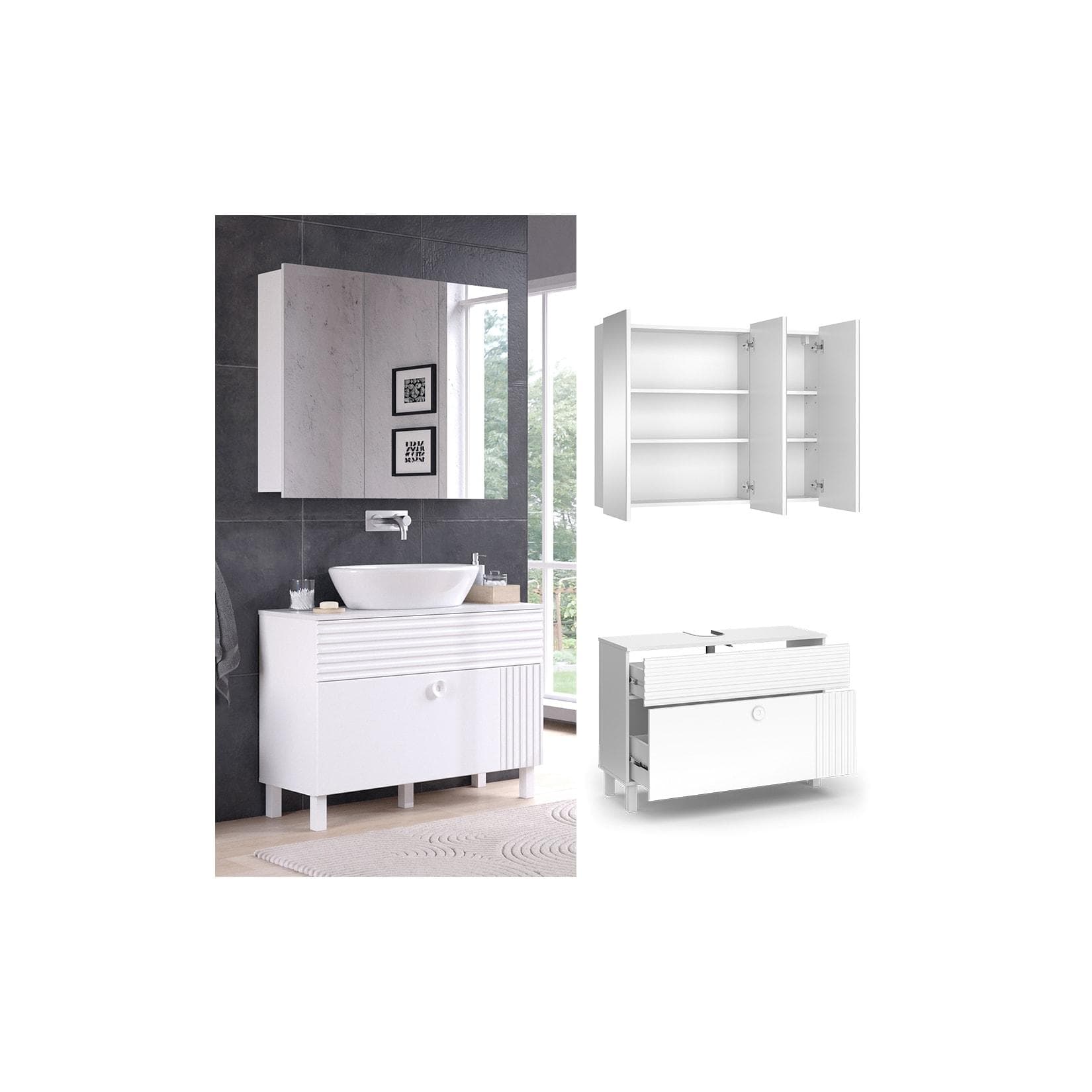 Vicco Badmöbel-Set Sola Weiß matt Waschtischunterschrank Spiegelschrank