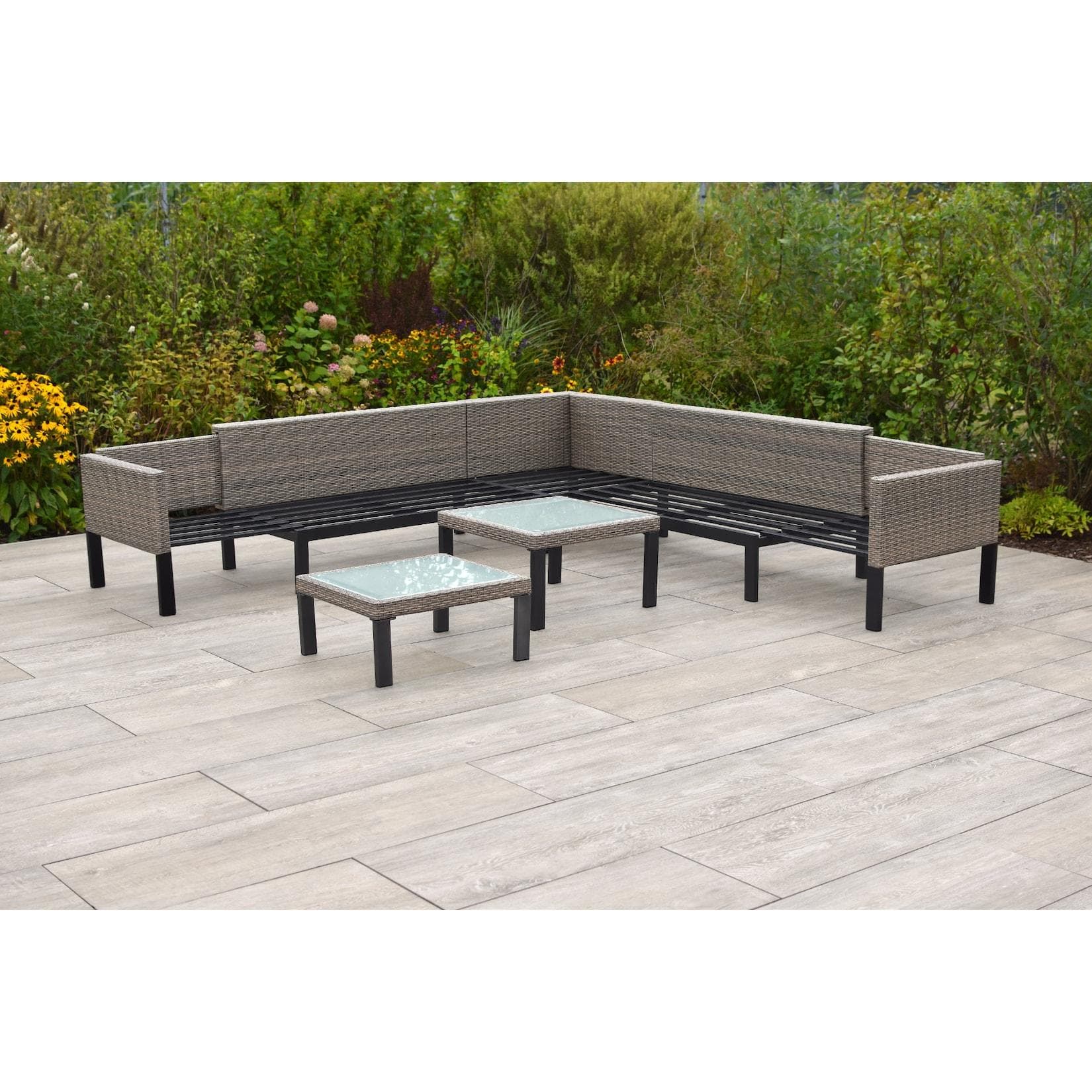Merxx Lounge Set Amantea Ecksofa doppelt ausziehbar mit Tischen und Kissen