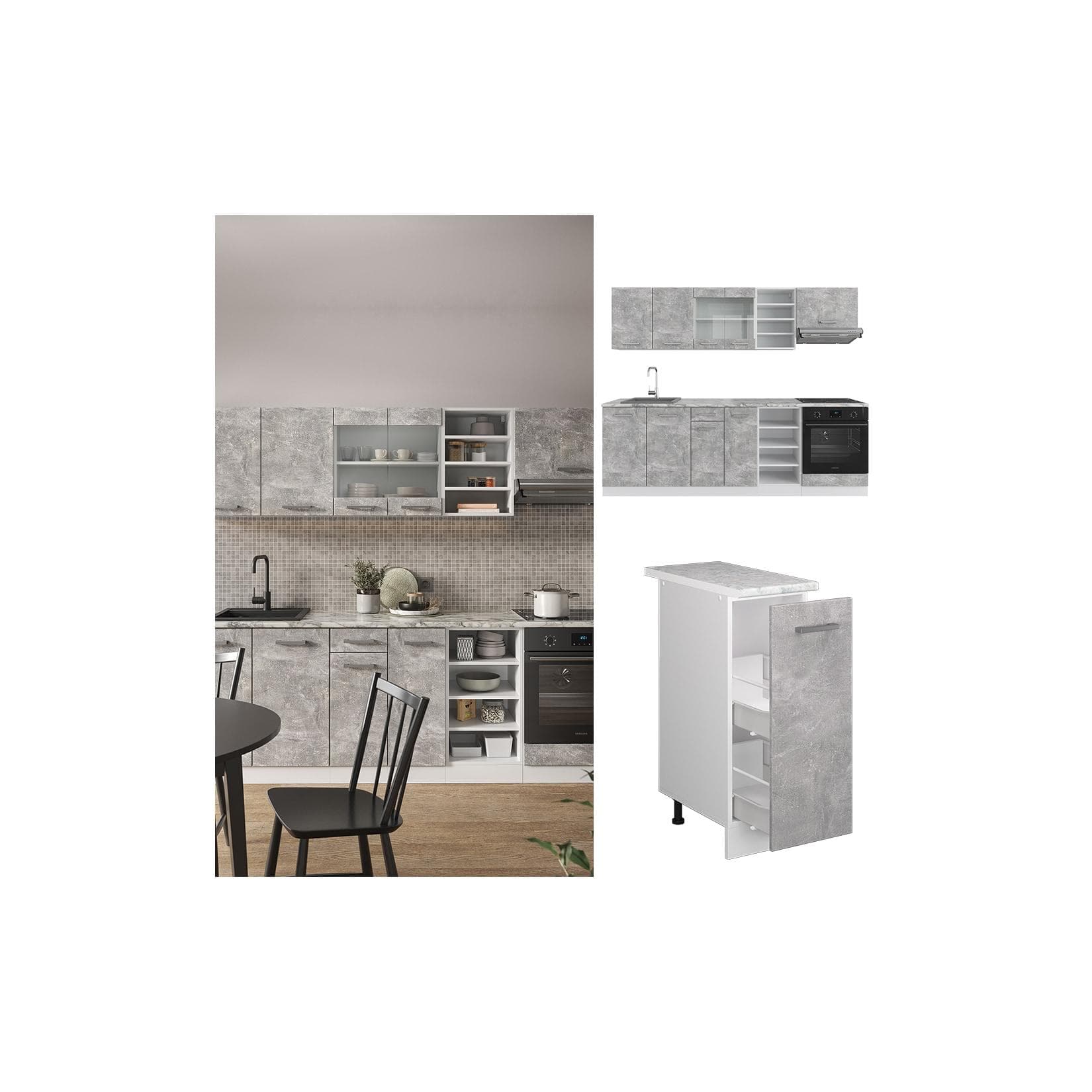 Vicco Küchenzeile R-Line Beton/Weiß AP Marmorn S04AF0P9