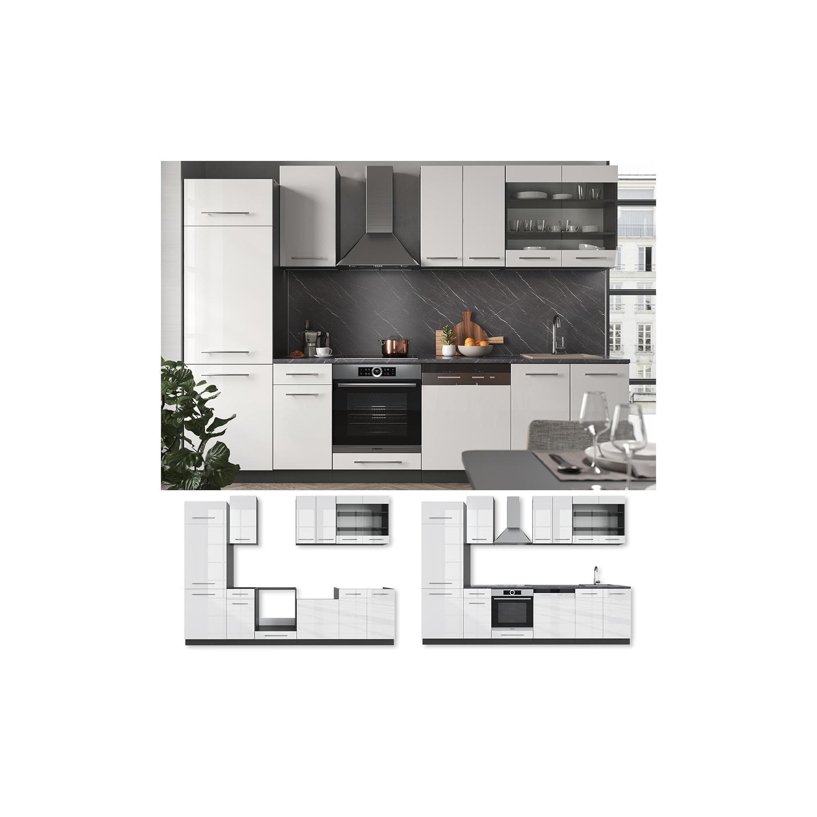 Vicco Küche Fame-Line 300 cm Küchenzeile Einbau Weiß Hochglanz