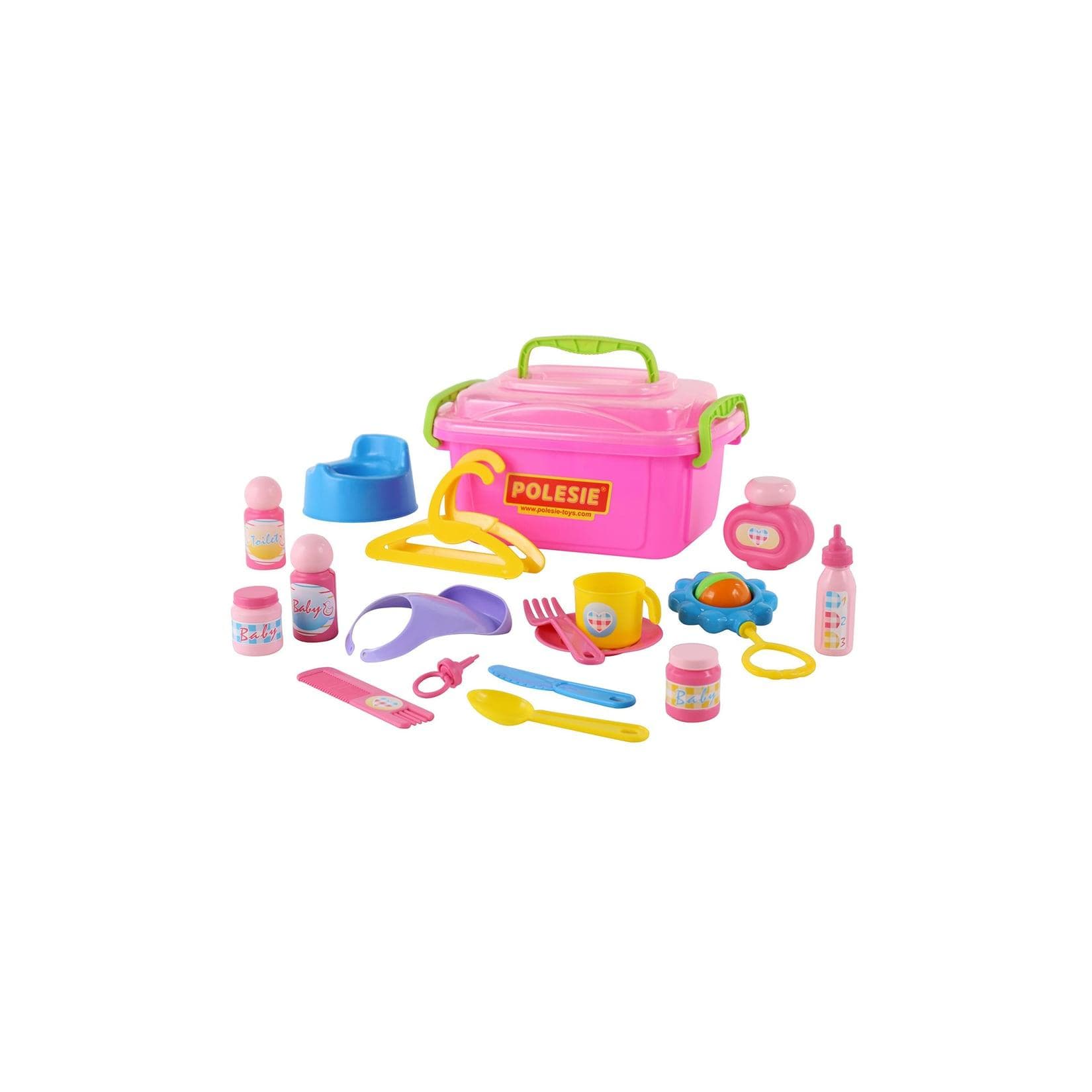 Polesie Kinderspielzeug Nanny-Set 53473 für Puppen Koffer Rassel Schnuller Latz Rosa