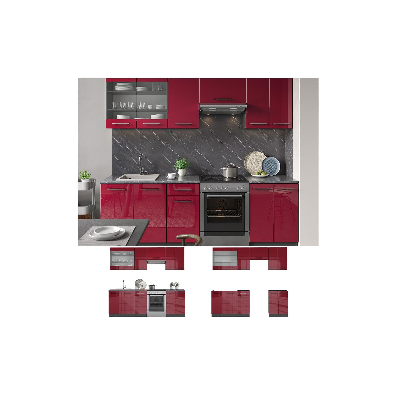 VICCO Küche Fame-Line Küchenzeile Bordeaux Hochglanz 240cm