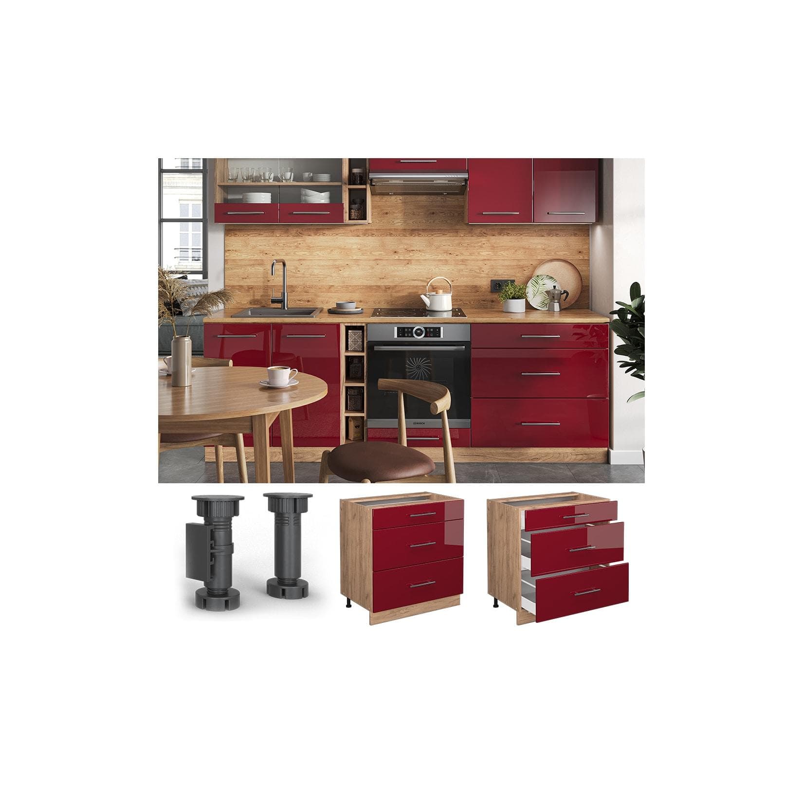 Vicco Schubladenunterschrank Küche Eiche Bordeaux Rot Hochglanz 80 cm