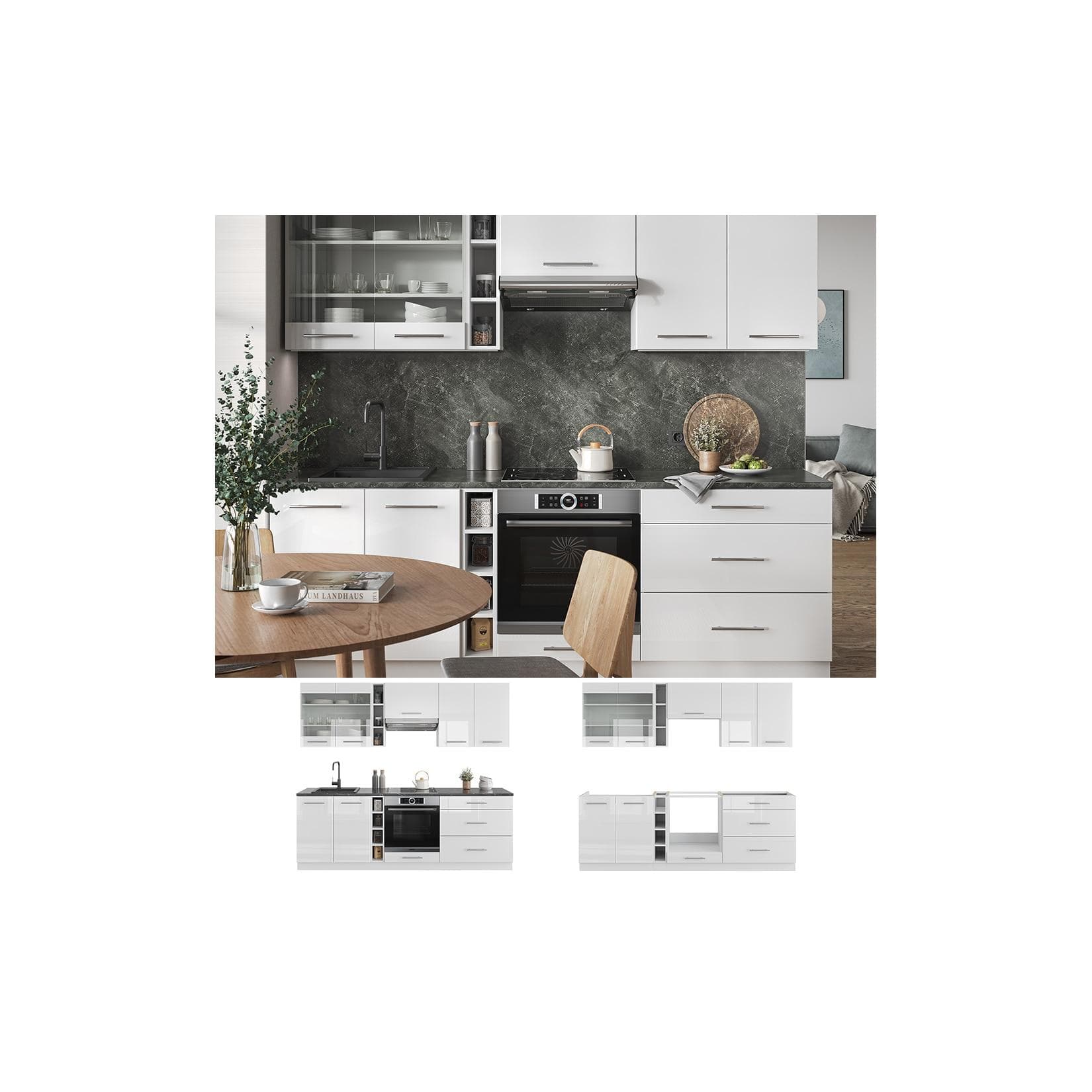 Vicco Küchenzeile Fame-Line Weiß 235 cm Hochglanz Einbauküche