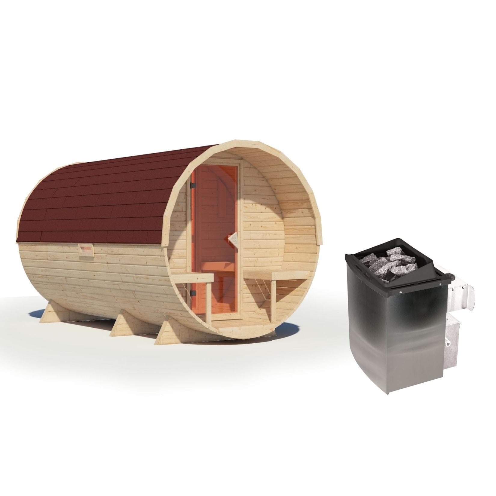 Karibu Fasssauna mit eingebautem Saunaofen
