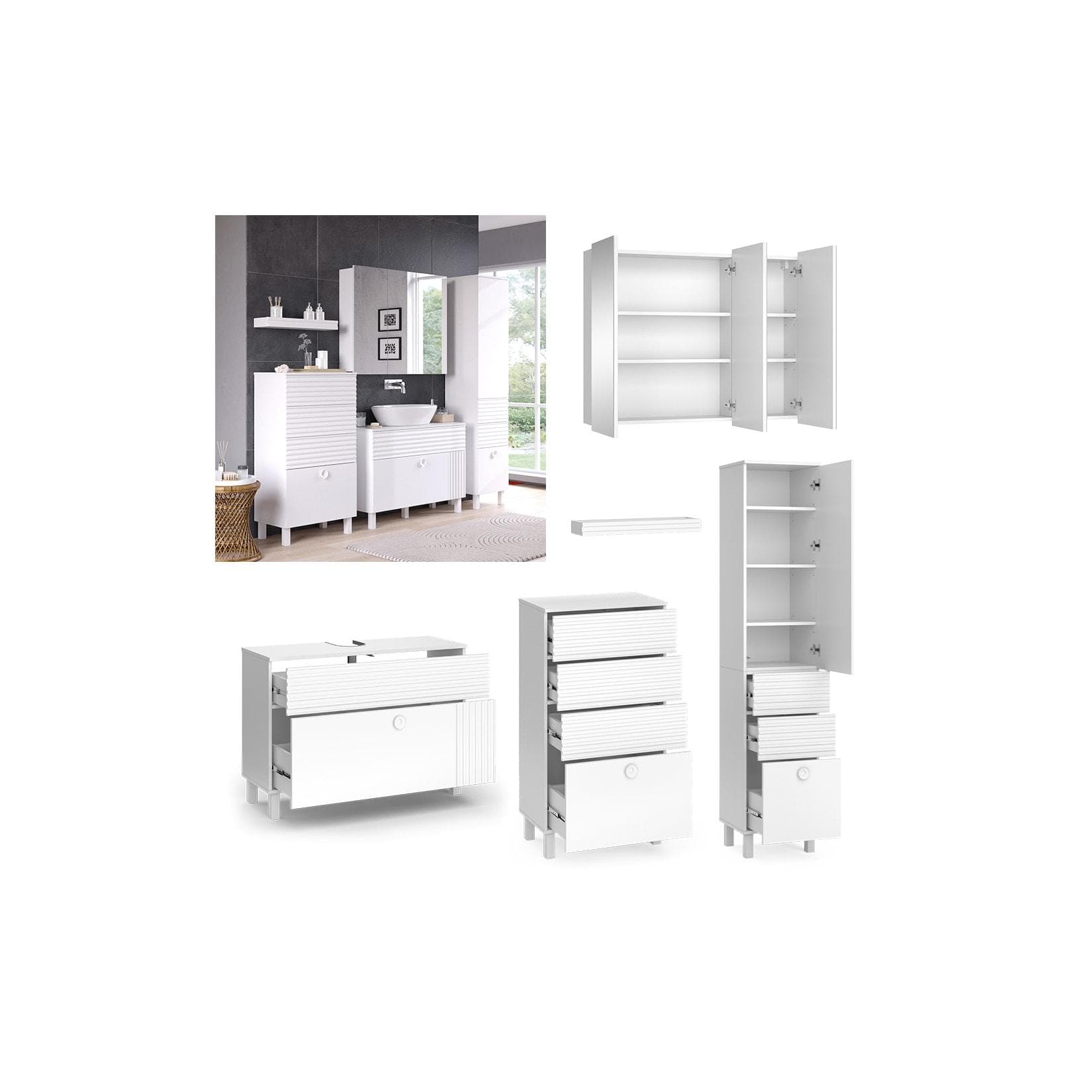VICCO Badmöbel-Set Sola Weiß matt - 4-teiliges Set mit Waschtischunterschrank
