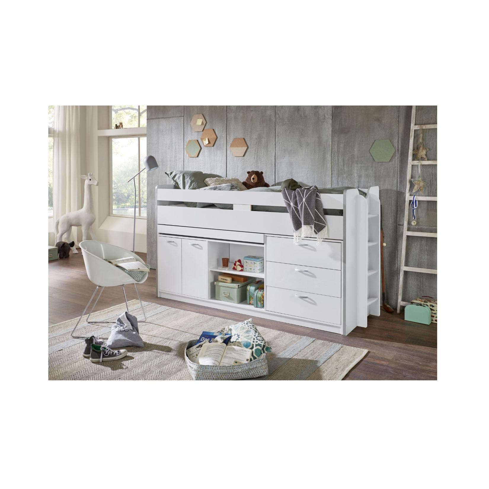Hochbett mit Absturzschutz und Stauraum