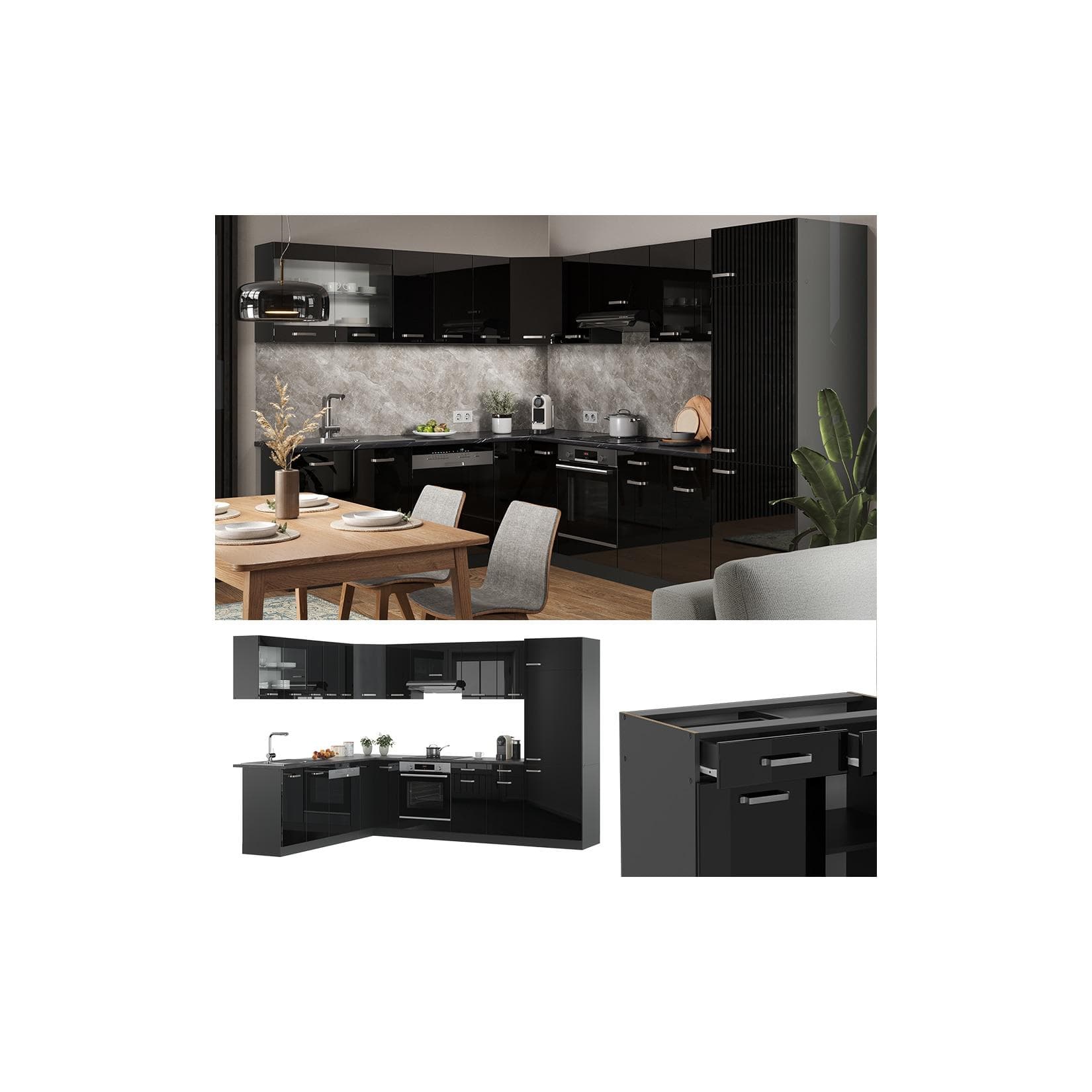 Vicco Eckküche R-Line Anthrazit Schwarz Hochglanz L-Form