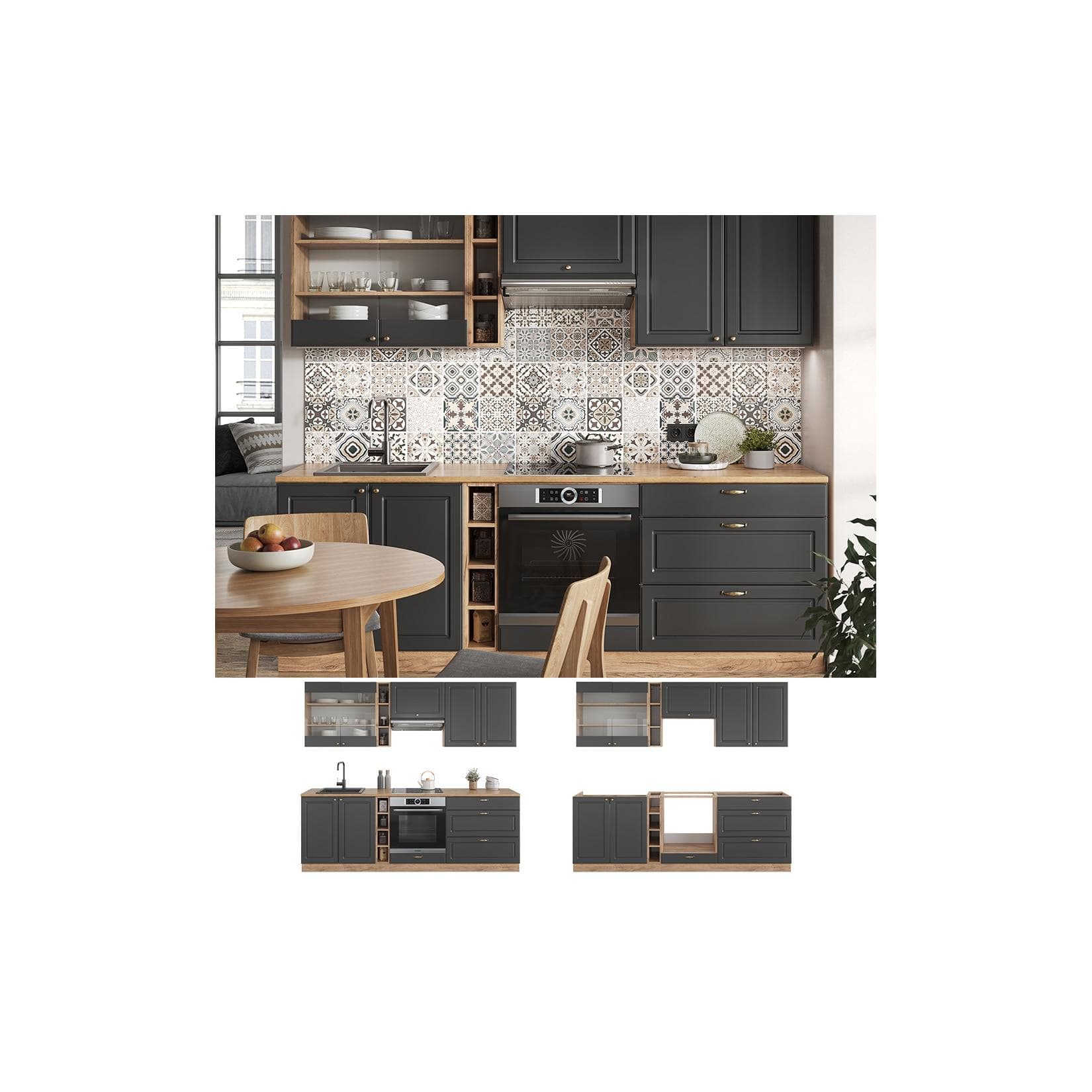Vicco Küchenzeile Landhaus Eiche Anthrazit 235 cm Gold