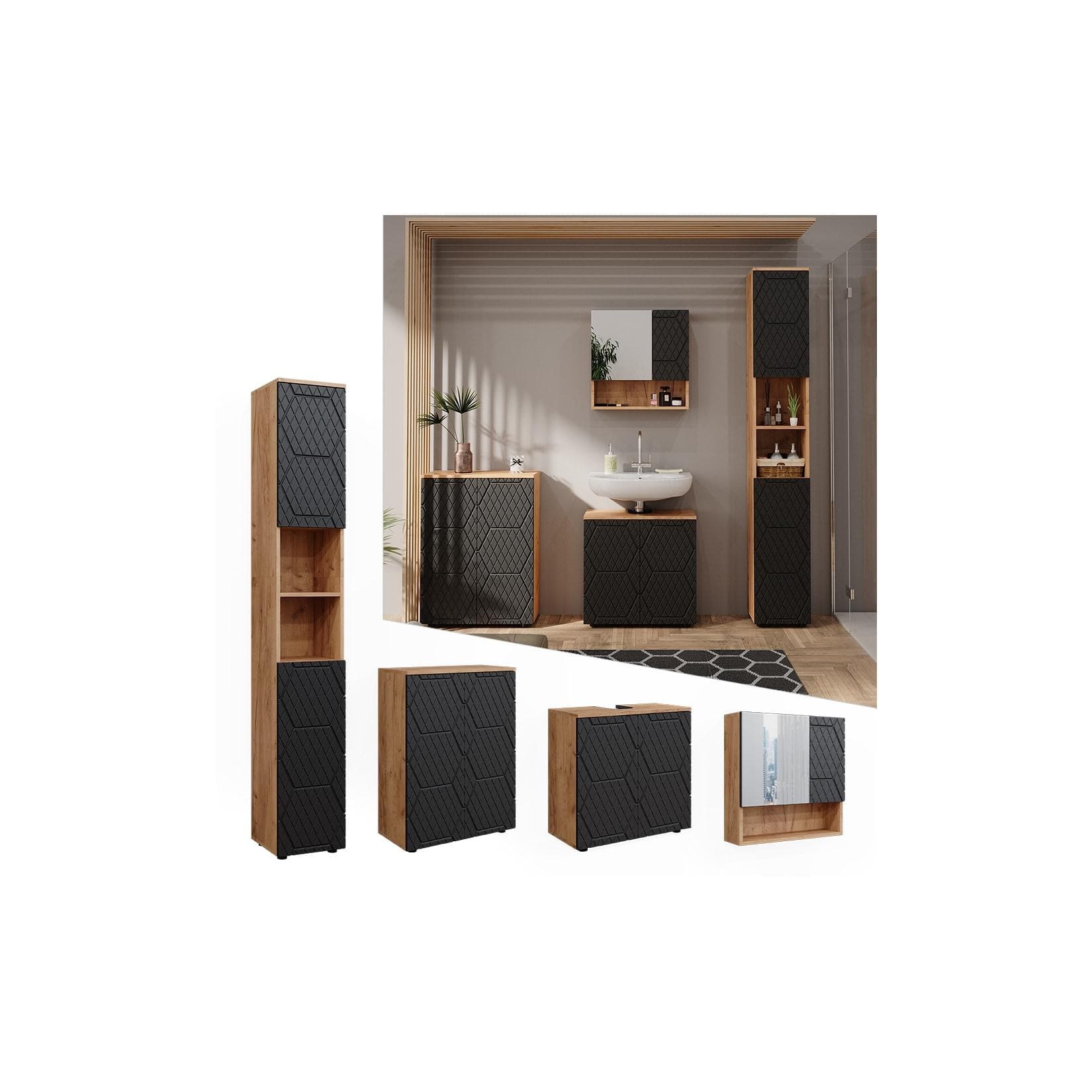 Vicco Irma Badmöbel-Set: Goldkraft Eiche/Anthrazit, 4 Teile