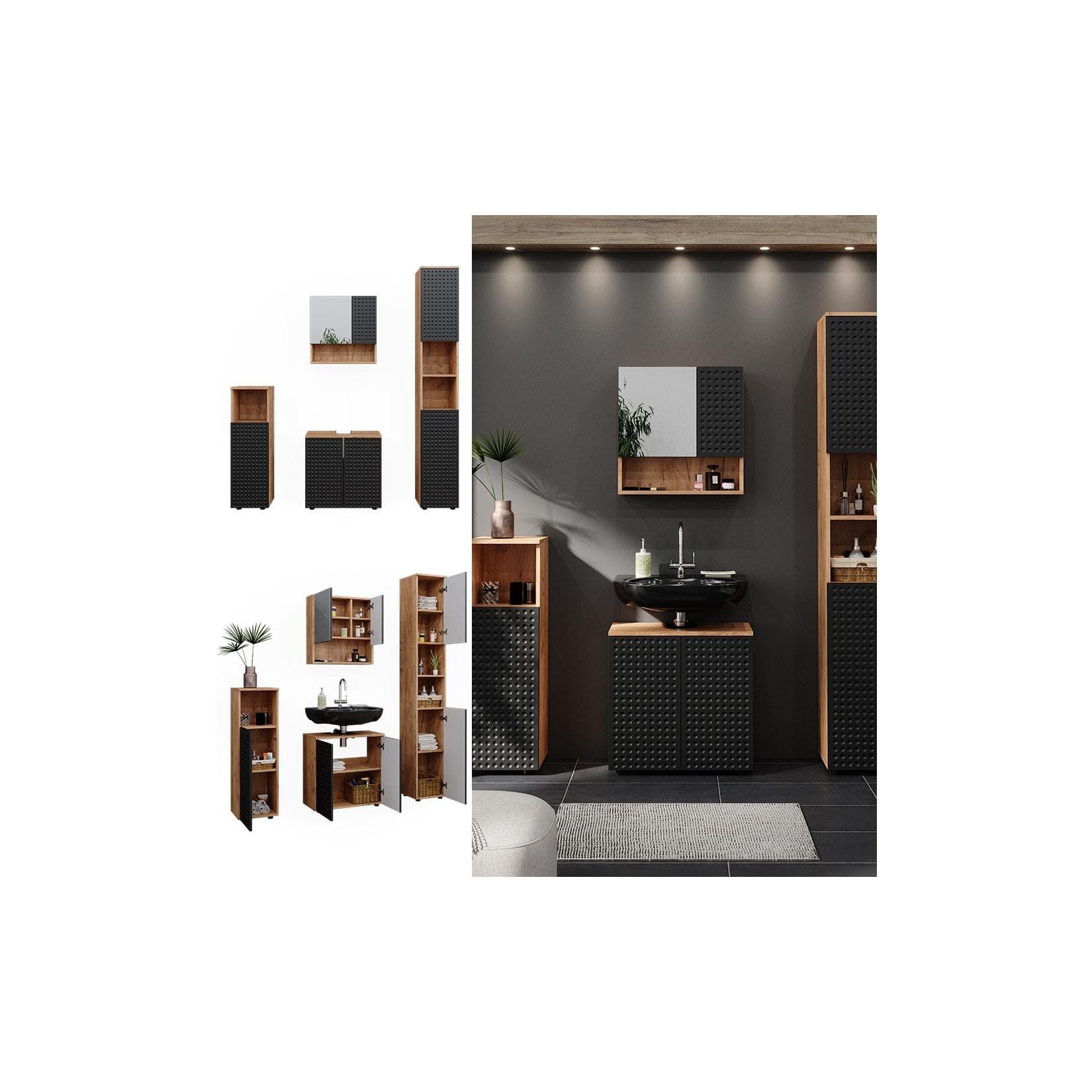 Vicco Irma Badmöbel-Set Goldkraft Eiche/Anthrazit mit Hochschrank