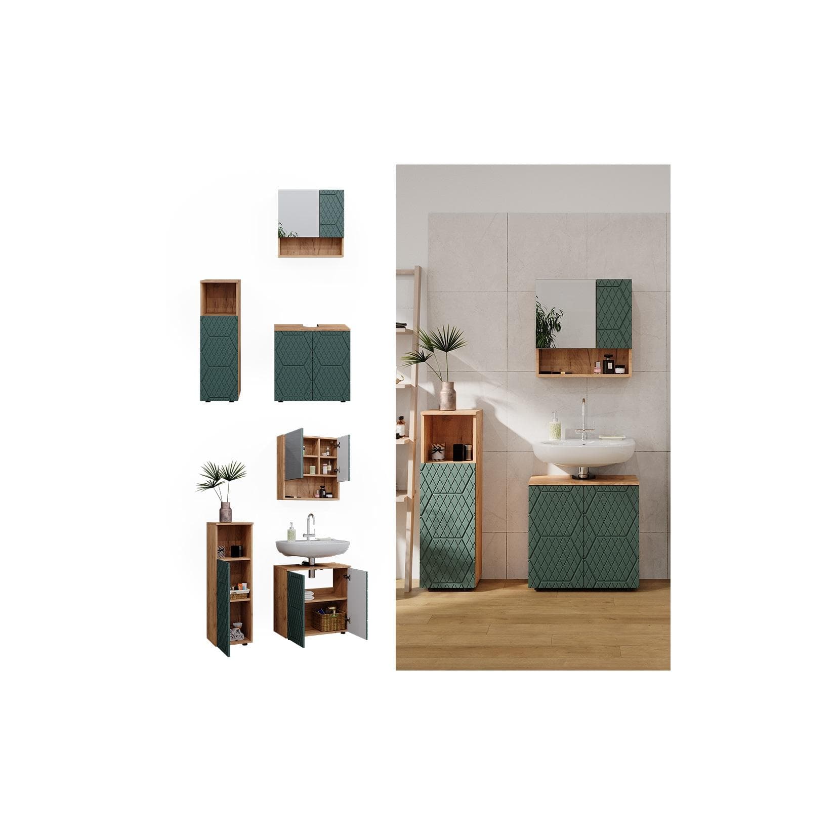 Vicco Badmöbel-Set Irma 4-teilig Eiche Grün Midischrank & Waschbeckenschrank