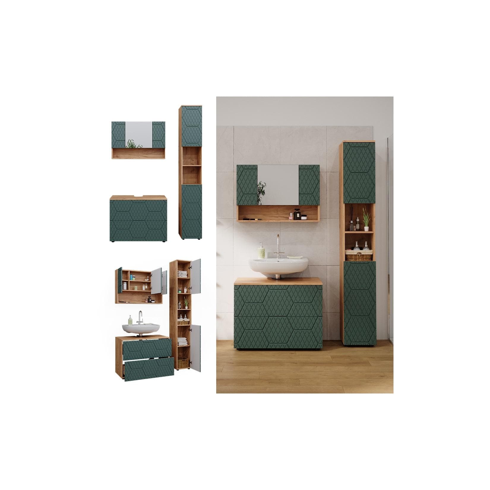 Vicco Badmöbel-Set Irma 3-teilig Goldkraft Eiche Grün