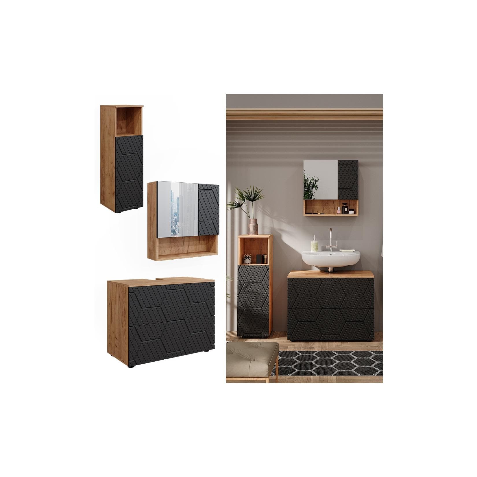 Vicco Irma Badmöbel-Set Goldkraft Eiche/Anthrazit mit Midischrank