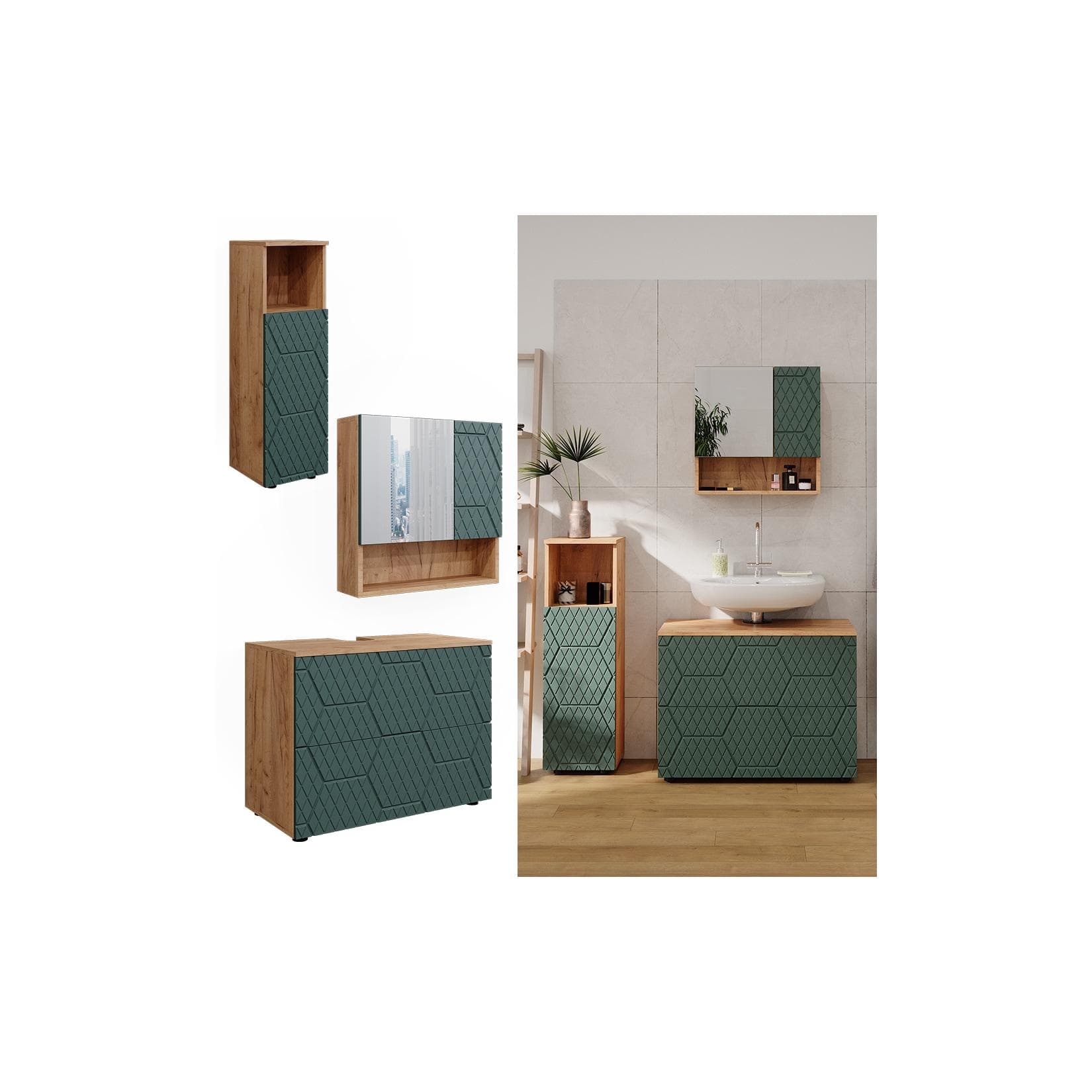 Vicco Badmöbel-Set Irma Eiche Grün 4-teilig