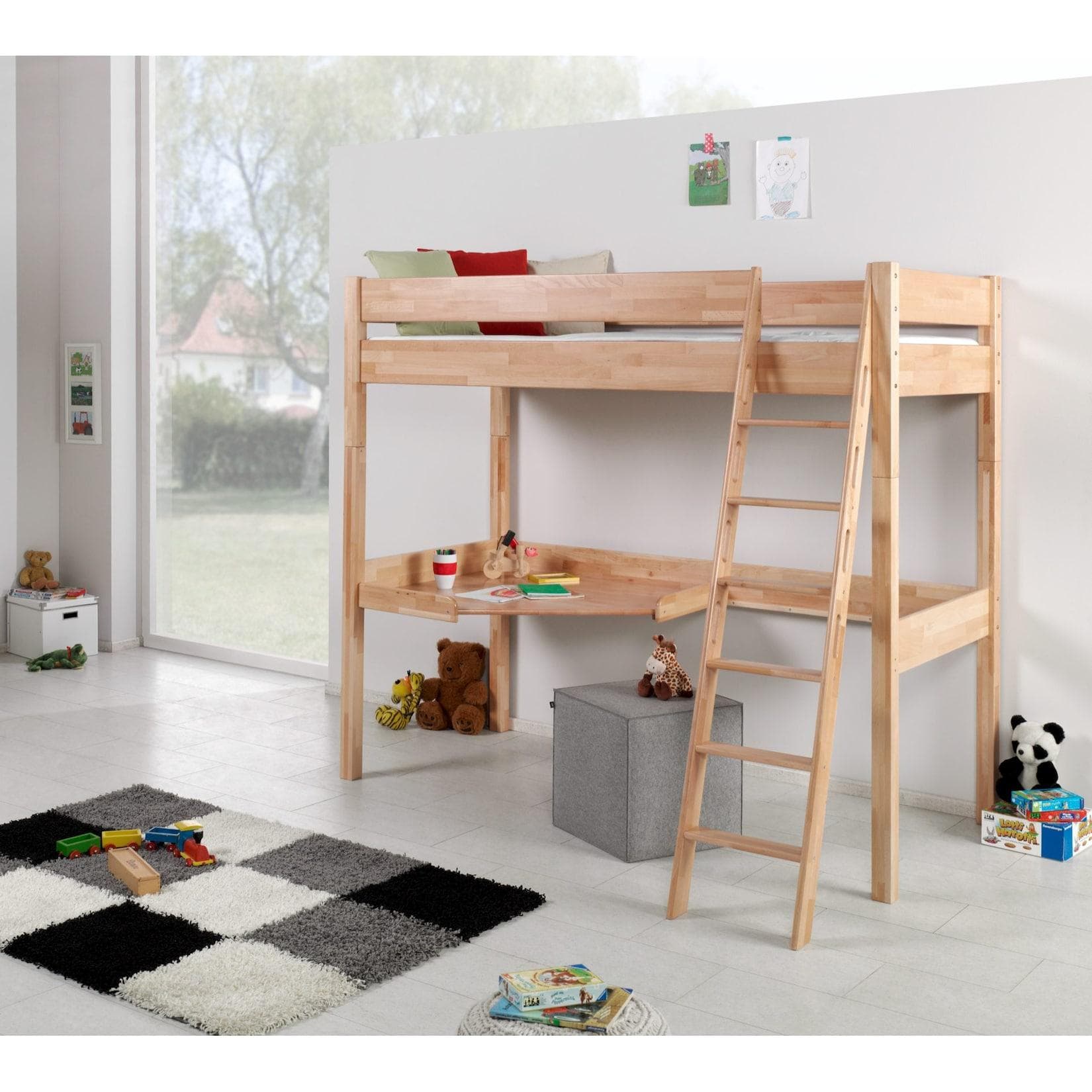 Relita Hochbett RENATE Buche massiv mit Eck-Schreibtisch