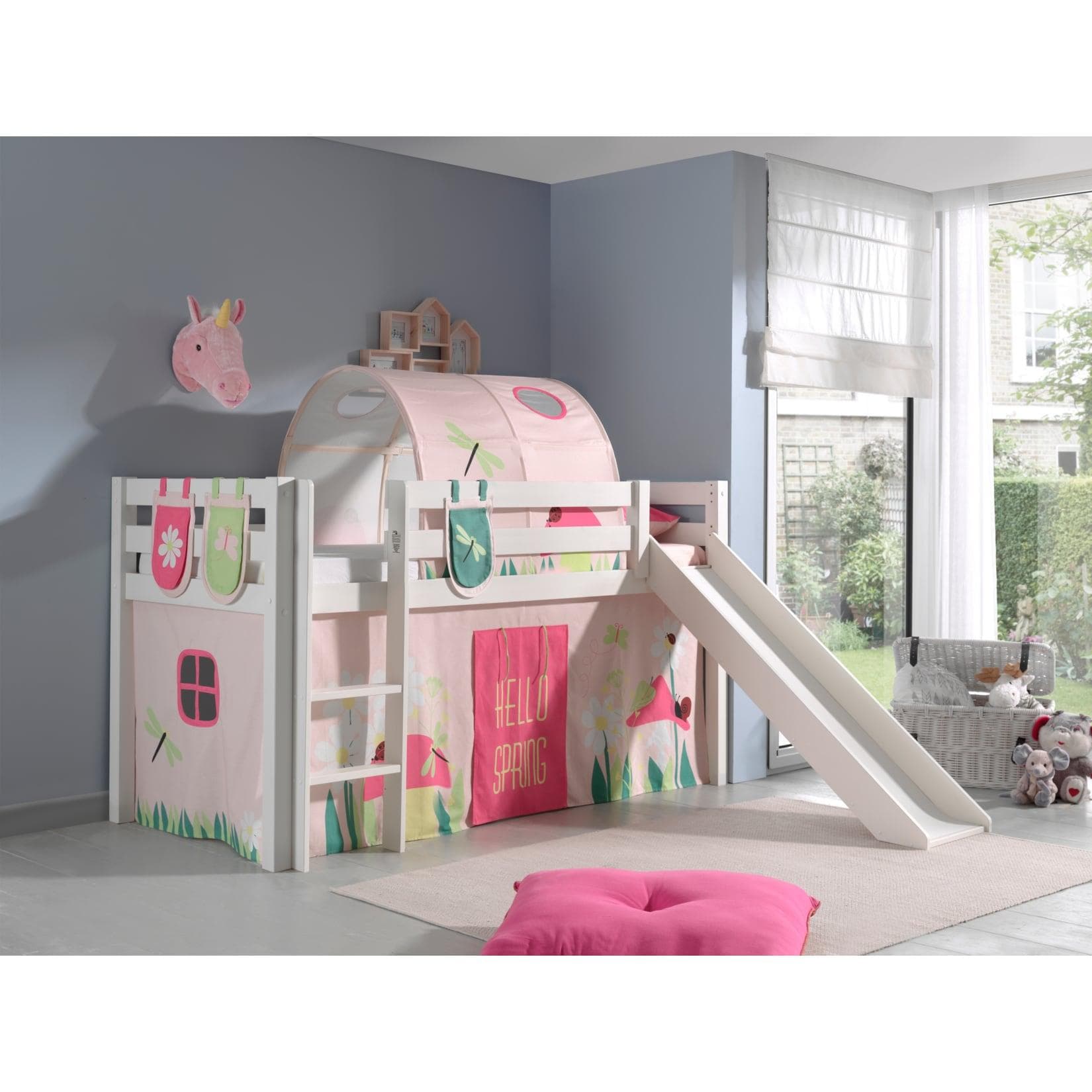 Vipack Spielbett Pino mit Rutsche, Tunnel & Vorhang - Kiefer massiv weiß