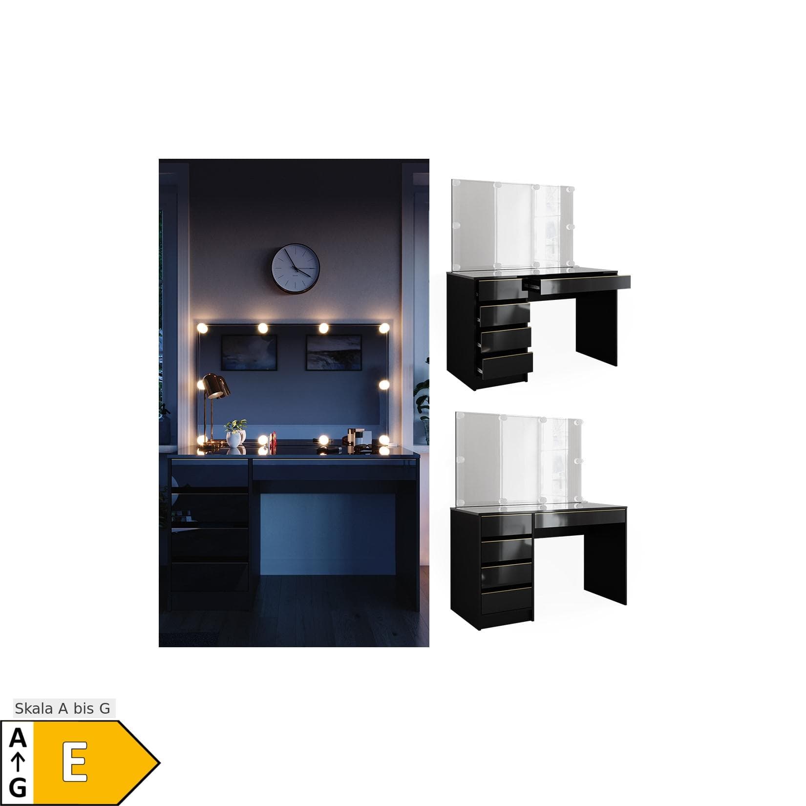 Vicco Schminktisch Sherry Schwarz Gold Hochglanz mit LED-Spiegel