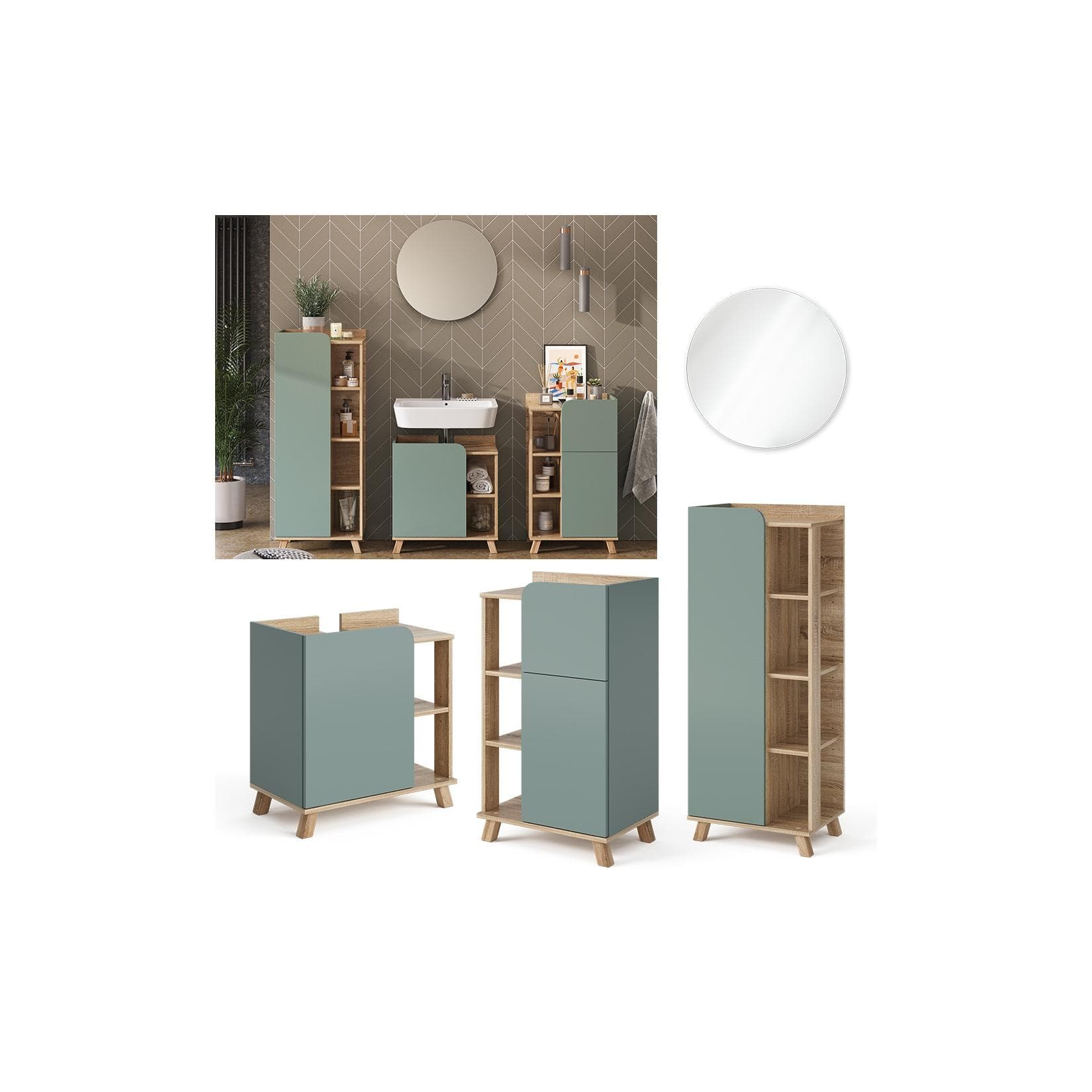 Vicco Badmöbel-Set Karen 4-teilig Sonoma Mintgrün Blau-Grau