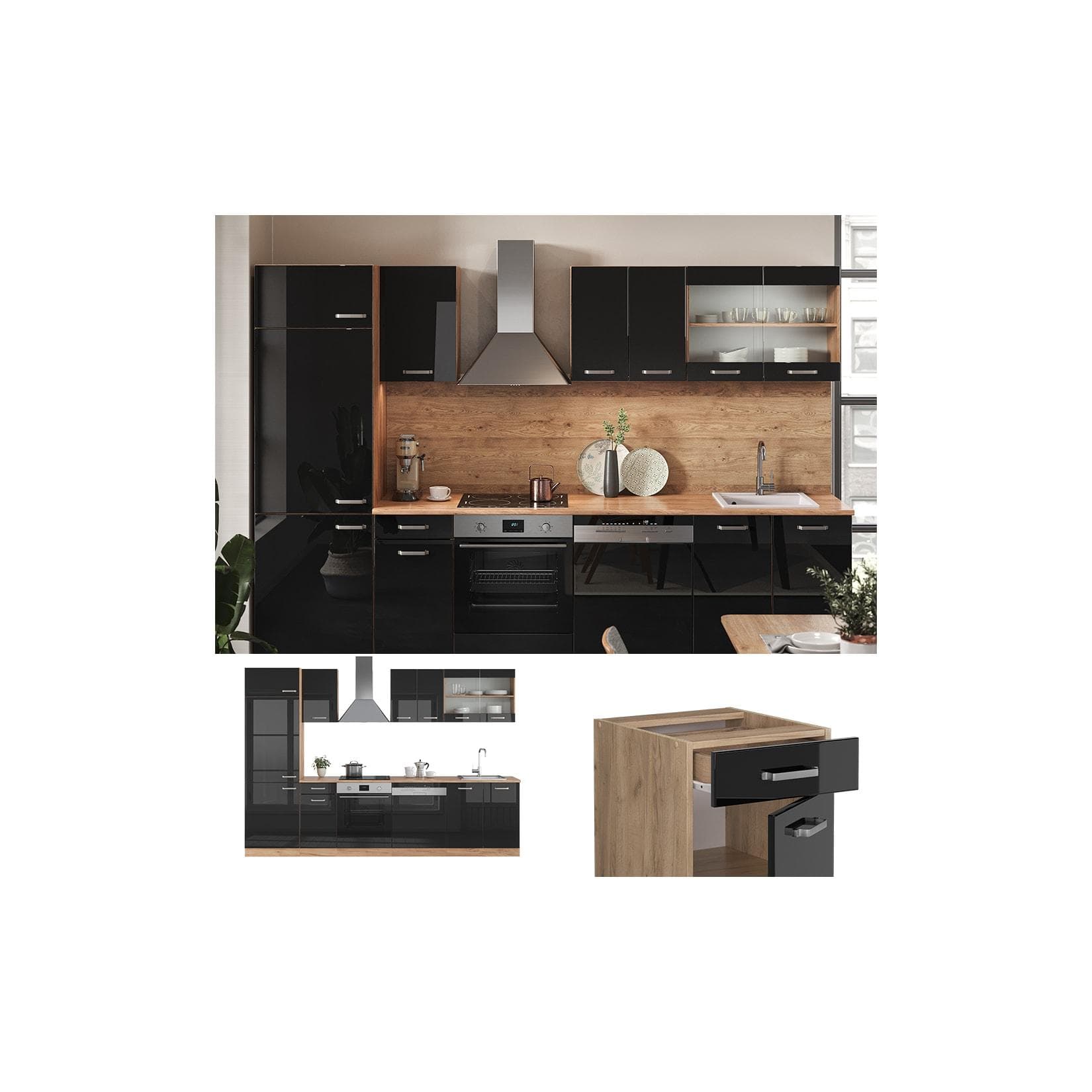 Vicco Küchenzeile R-Line Eiche Schwarz 300 cm Modern