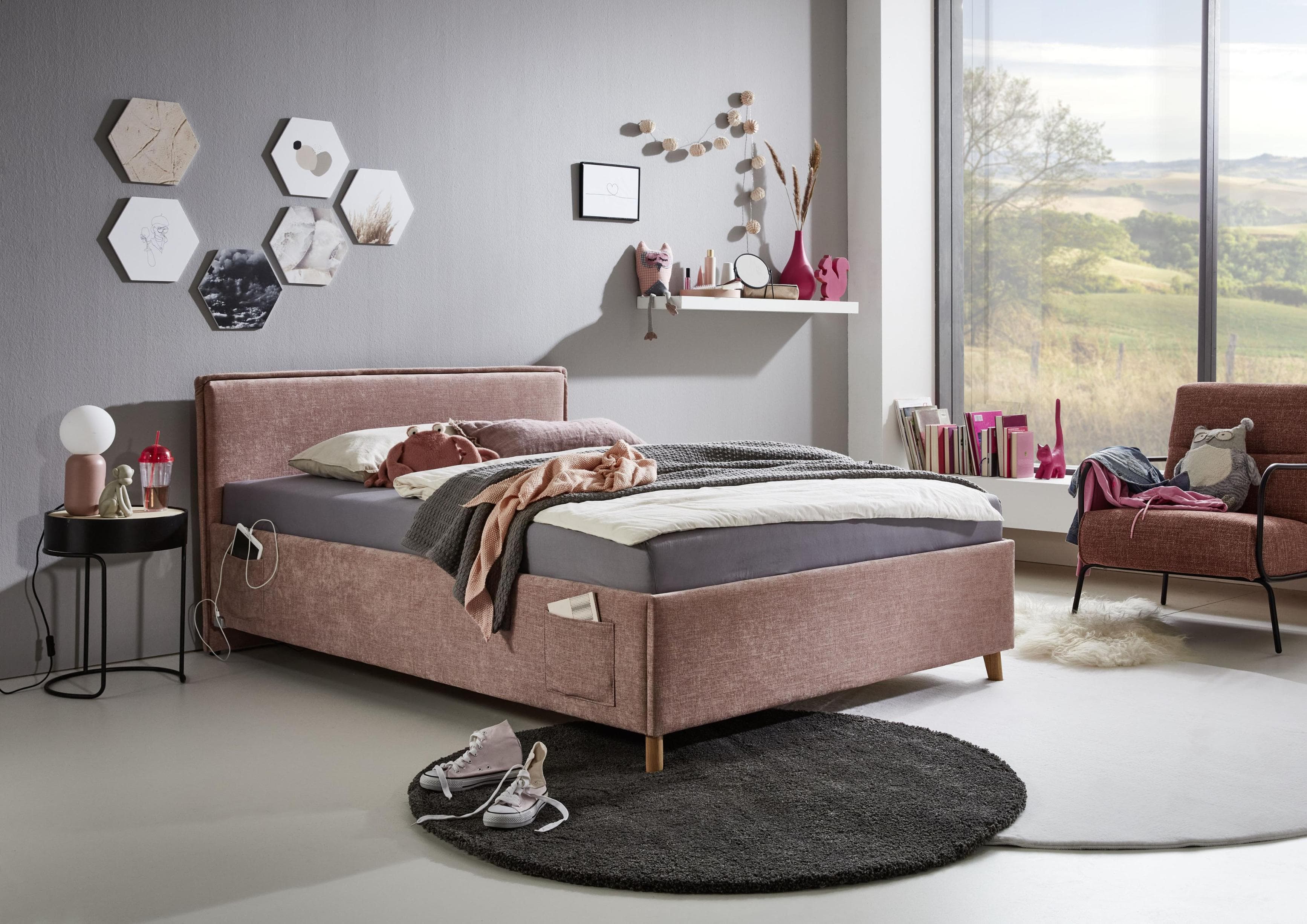 MEISE.MÖBEL Kinderbett FUN Rosa mit USB-Anschluss und Bettkasten