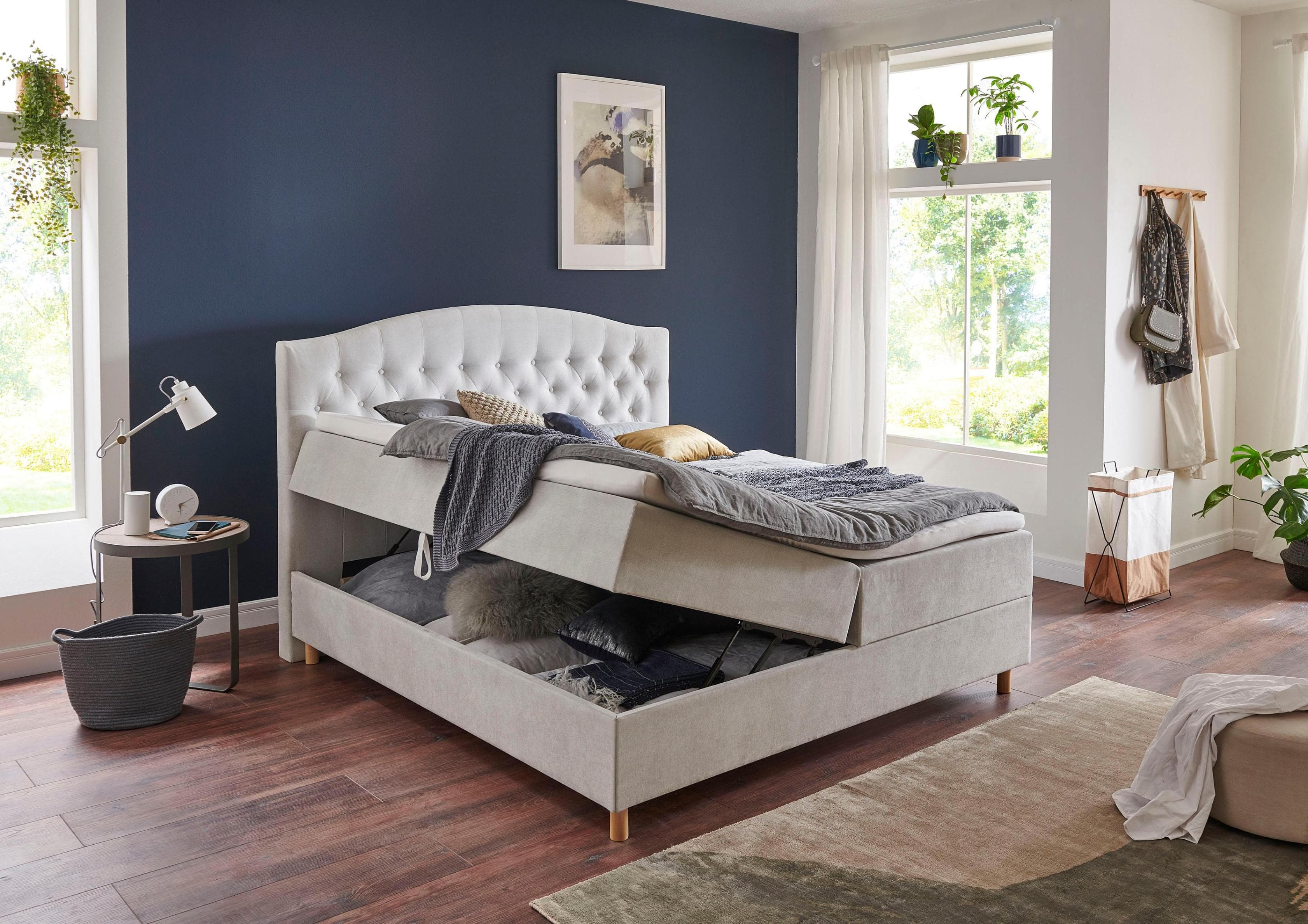 HOME AFFAIRE Boxspringbett Piemont Hellgrau mit Bettkasten und Topper