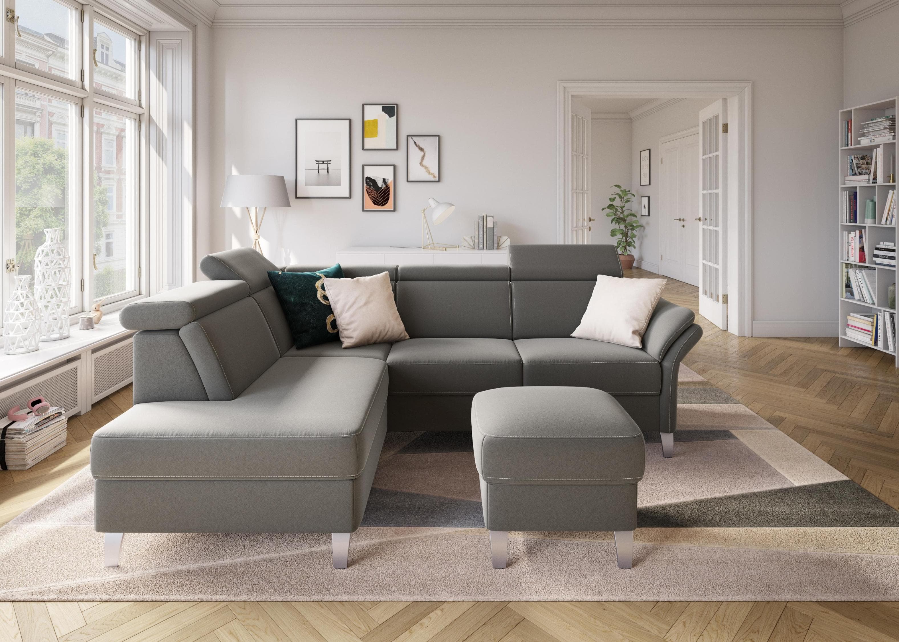 Ecksofa Vincenzo L-Form Grau mit Bettfunktion und Kopfteilverstellung