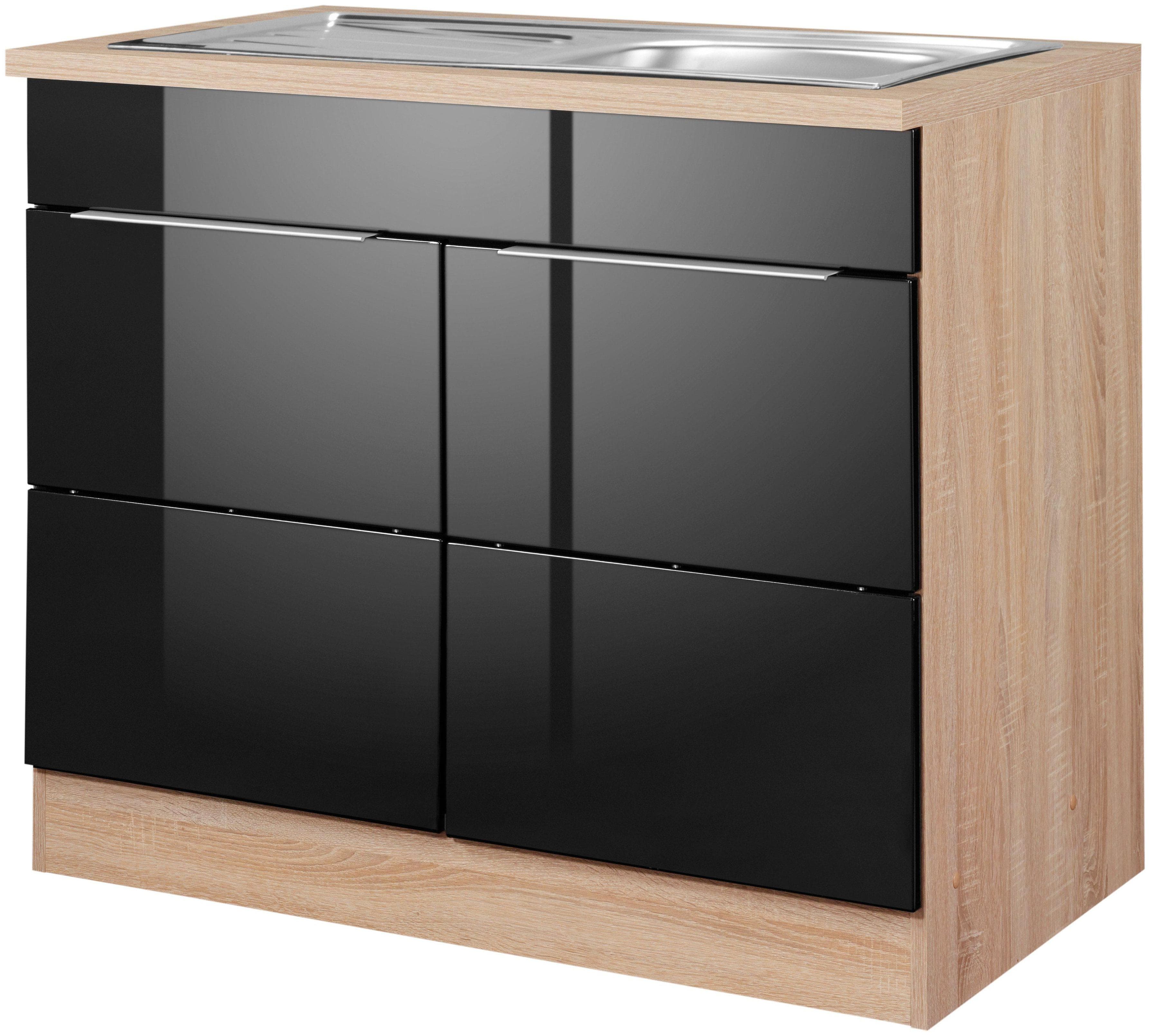 Kochstation Spülenschrank KS-Brindisi Schwarz Hochglanz mit Spüle