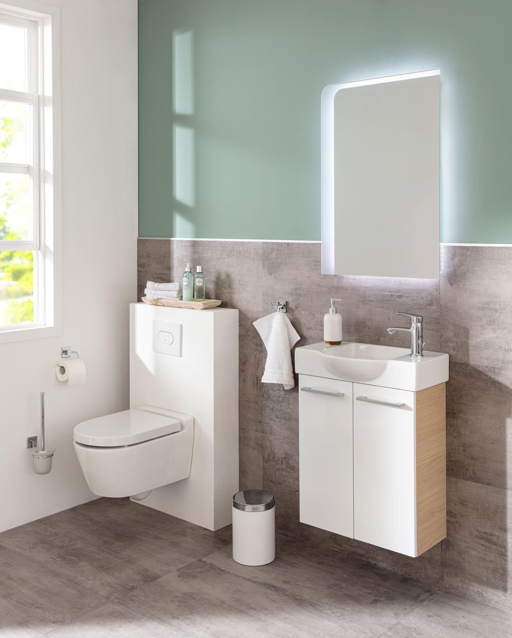 Hochglanz Waschbeckenunterschrank Weiß mit Sandeiche-Optik