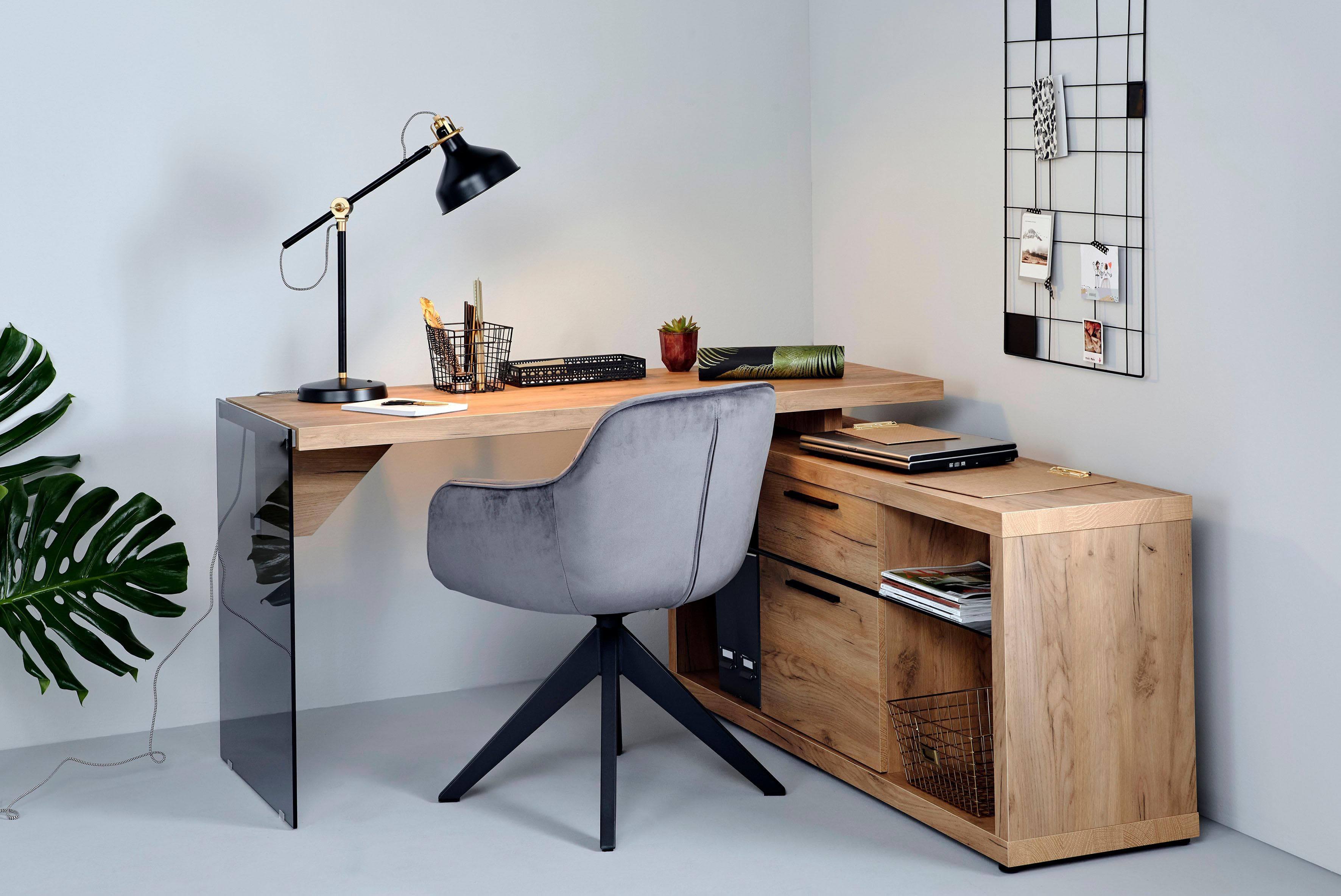 Eckschreibtisch mit wechselseitiger Montage und Glas-Seitenteil