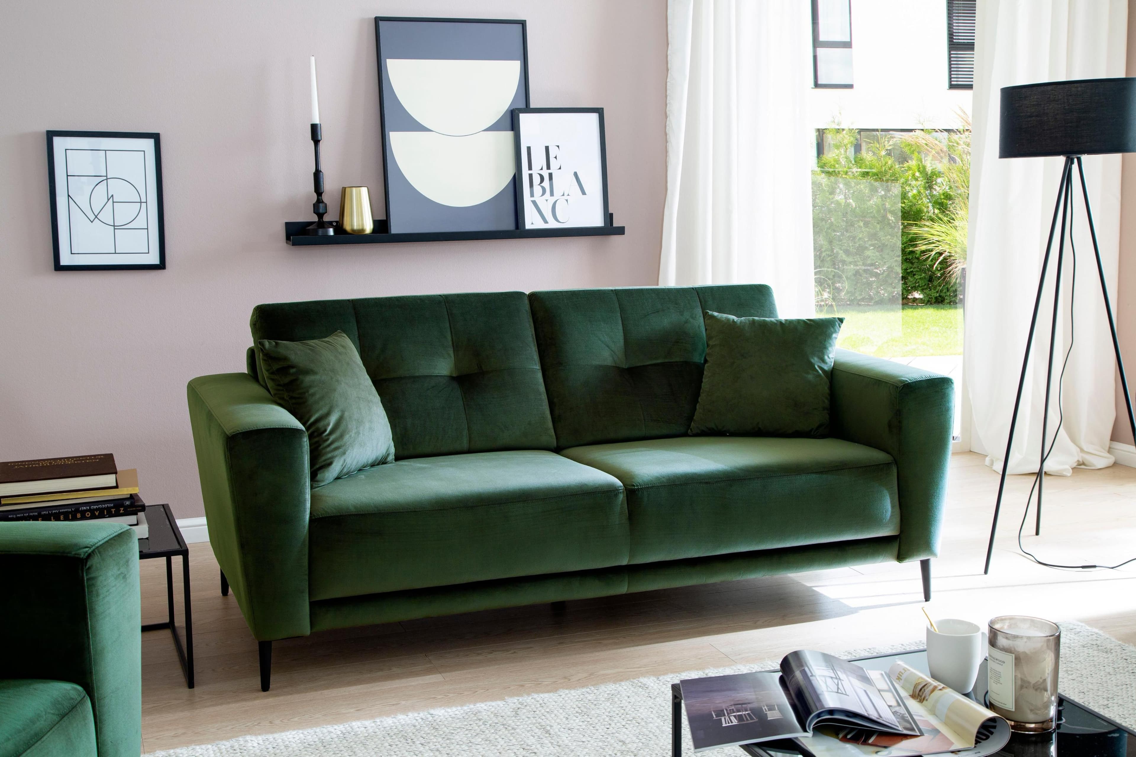 3-Sitzer Sofa Barcelona Dunkelgrün Microvelours Metallfuß