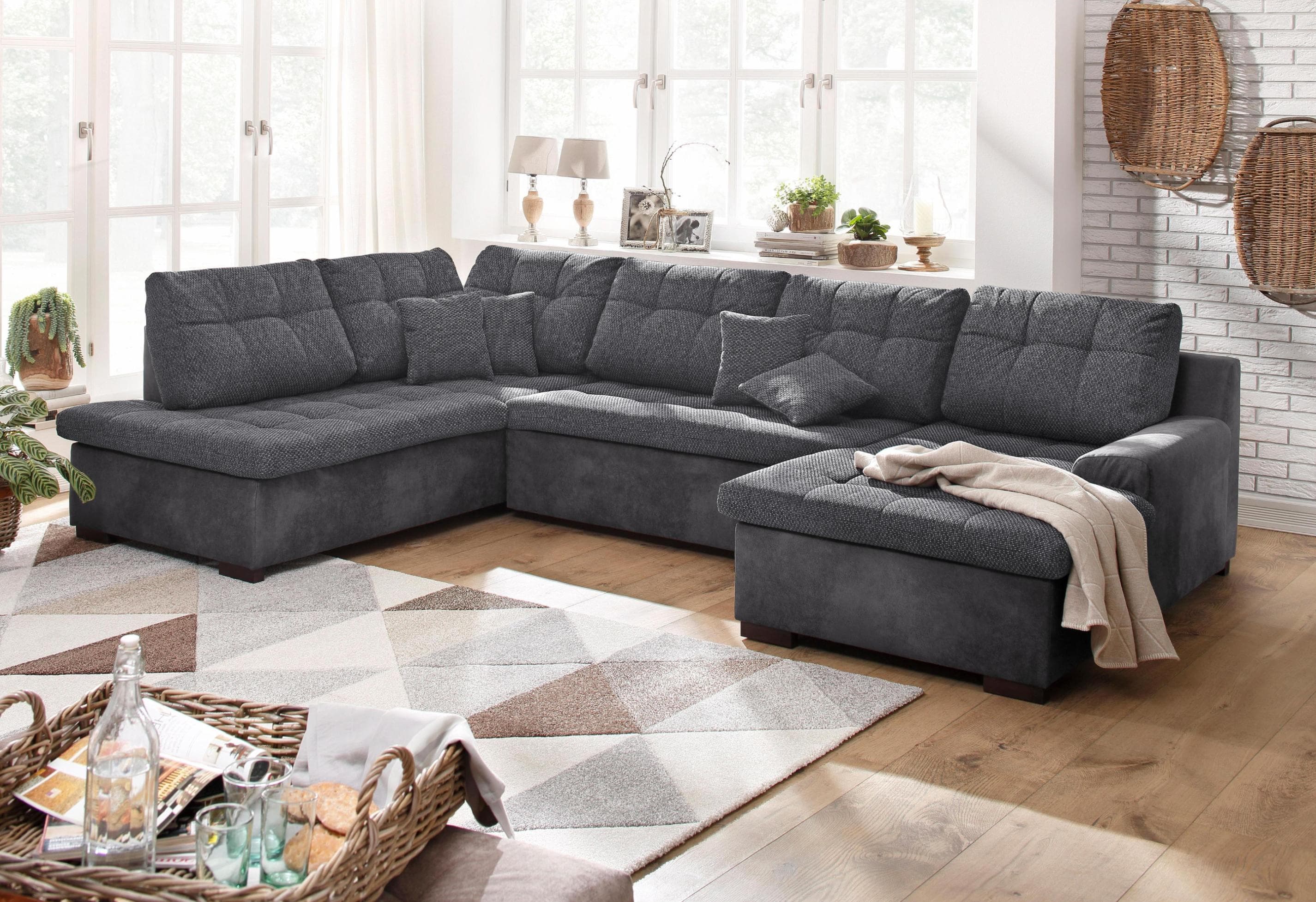 HOME AFFAIRE Wohnlandschaft Föhr U-Form Schwarz Anthrazit mit Bettfunktion