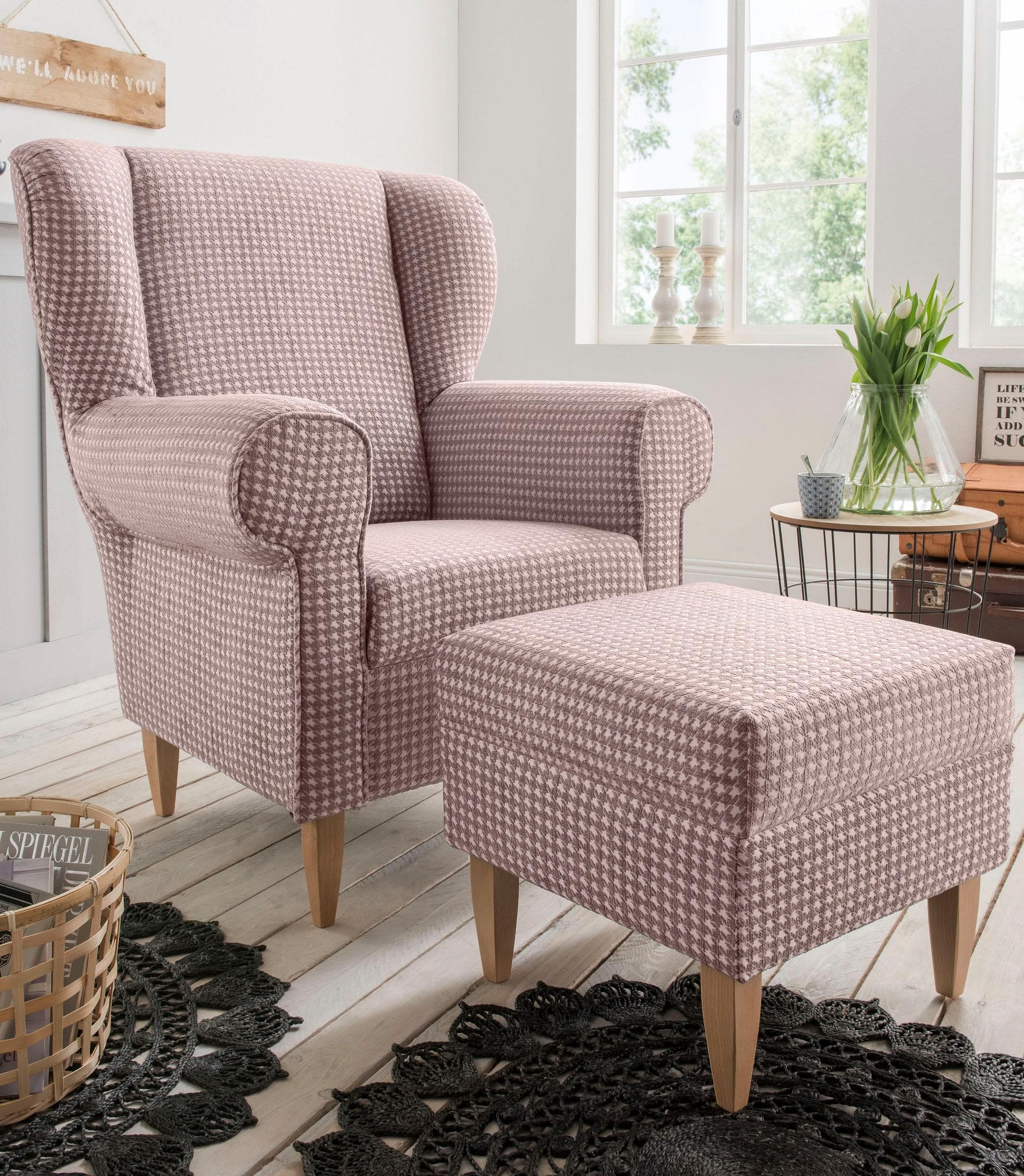 Hahnentritt-Sessel mit optionalem Hocker