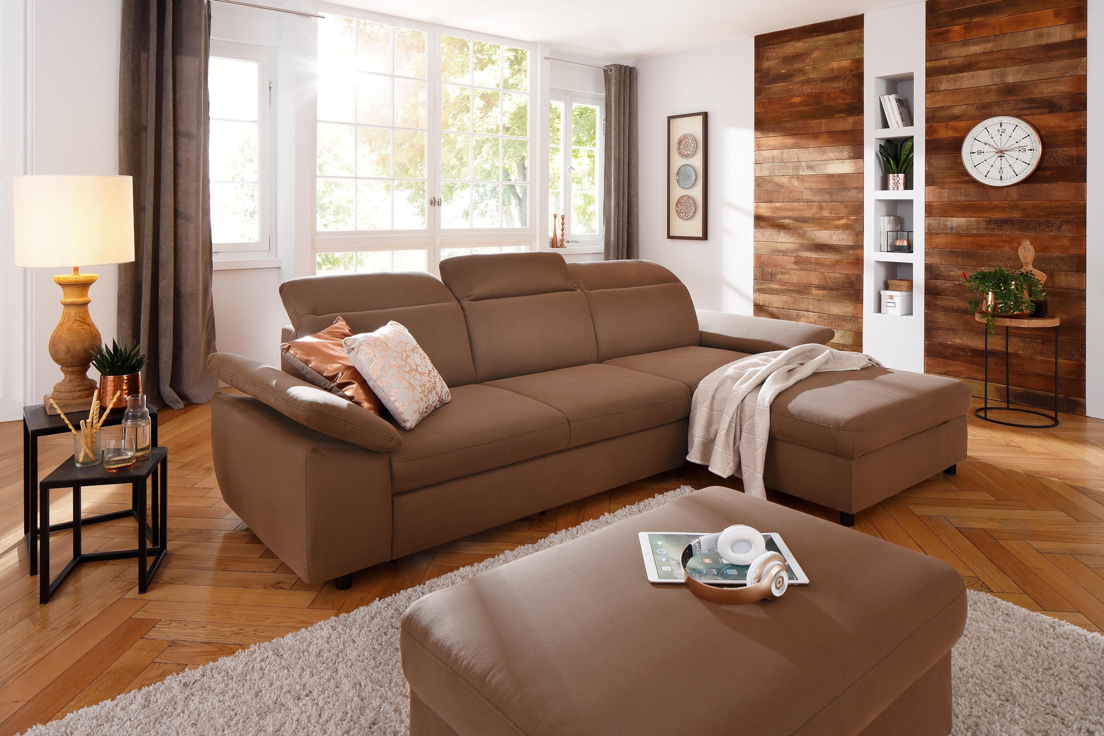 HOME AFFAIRE Mauritius L-Form Ecksofa Braun mit Bettfunktion