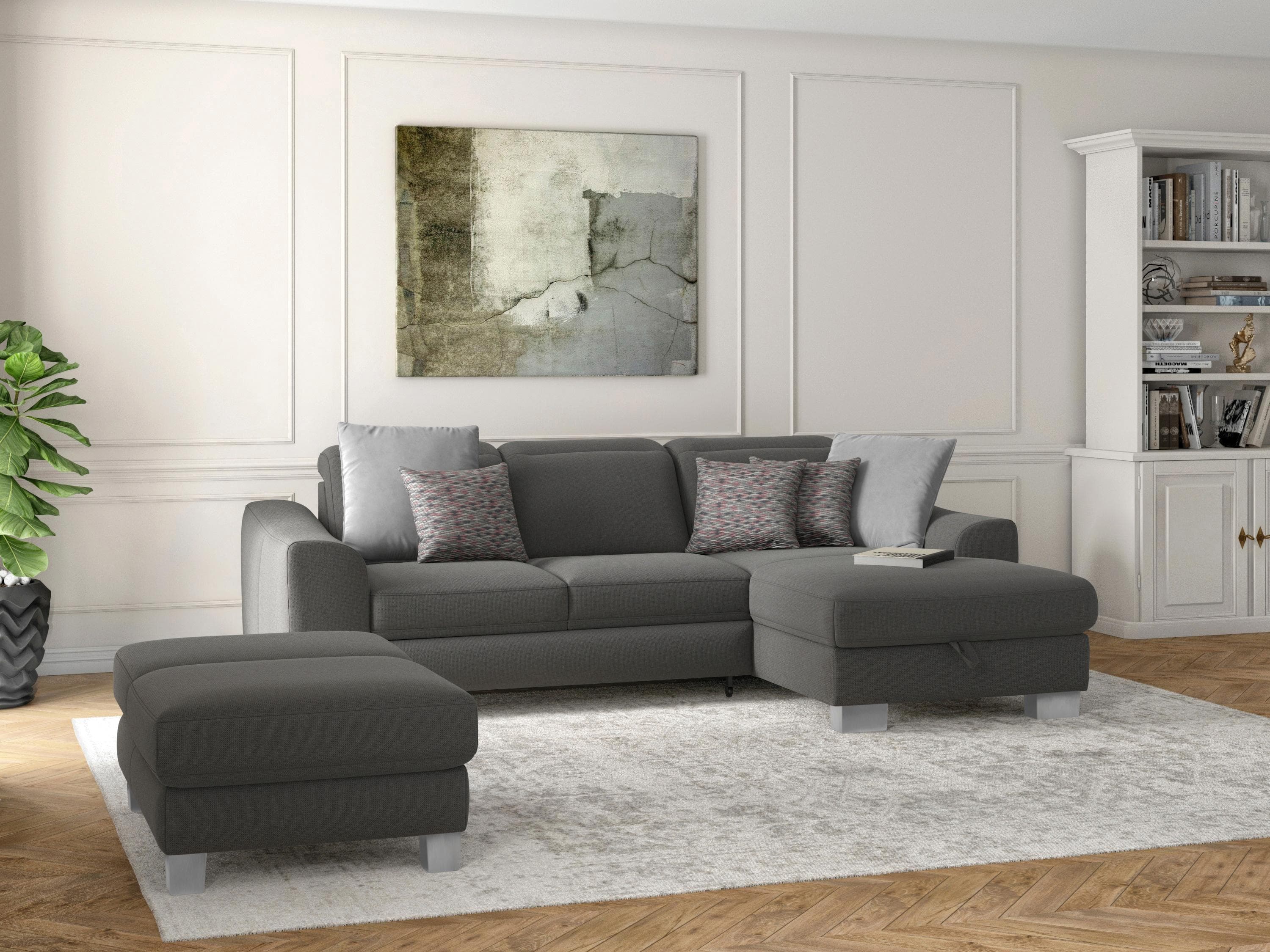 Ecksofa Dundee L-Form Grau mit Bettfunktion und Kopfteilverstellung