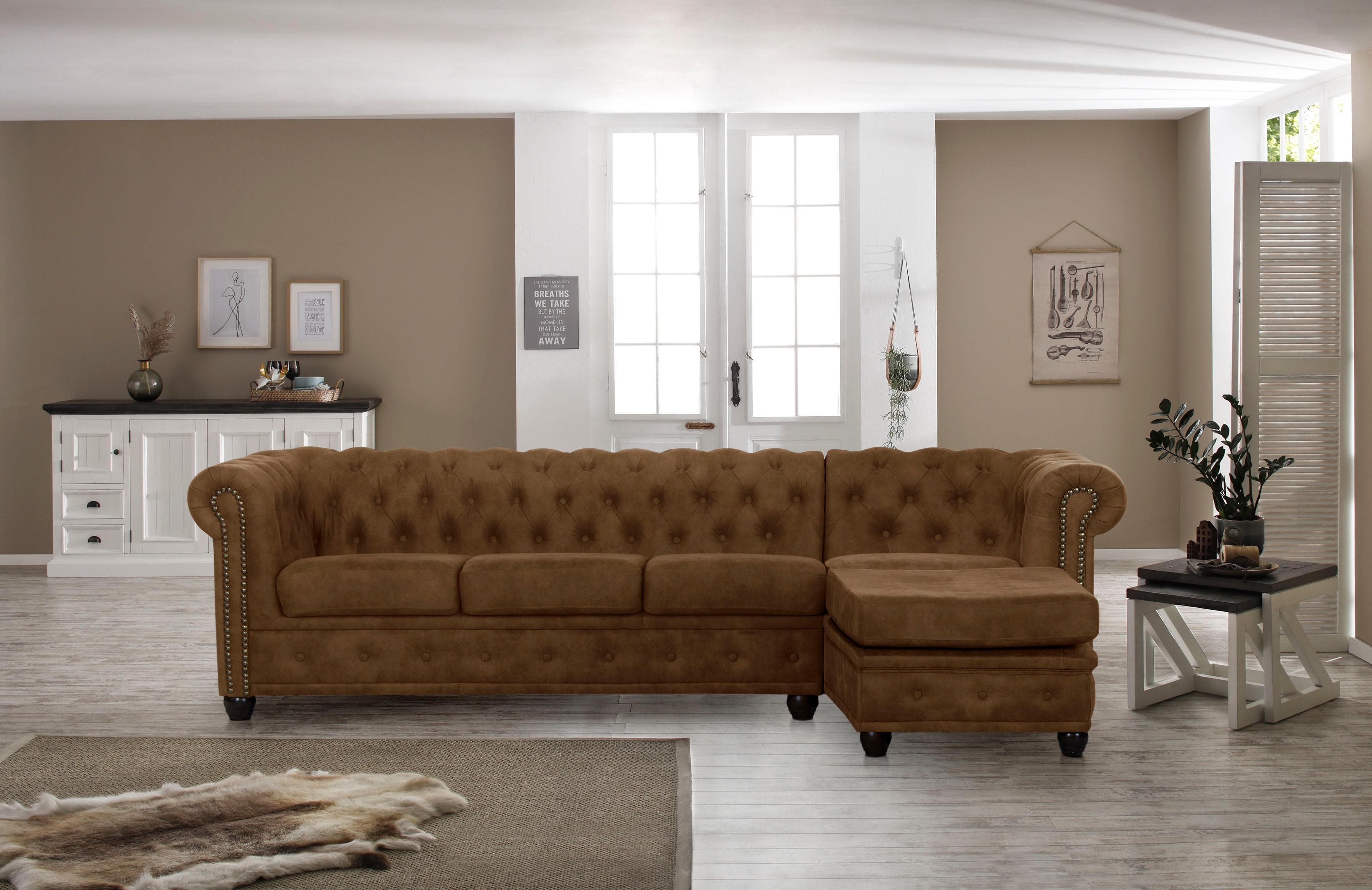HOME AFFAIRE Chesterfield-Sofa L-Form Cognac Microfaser Lederoptik