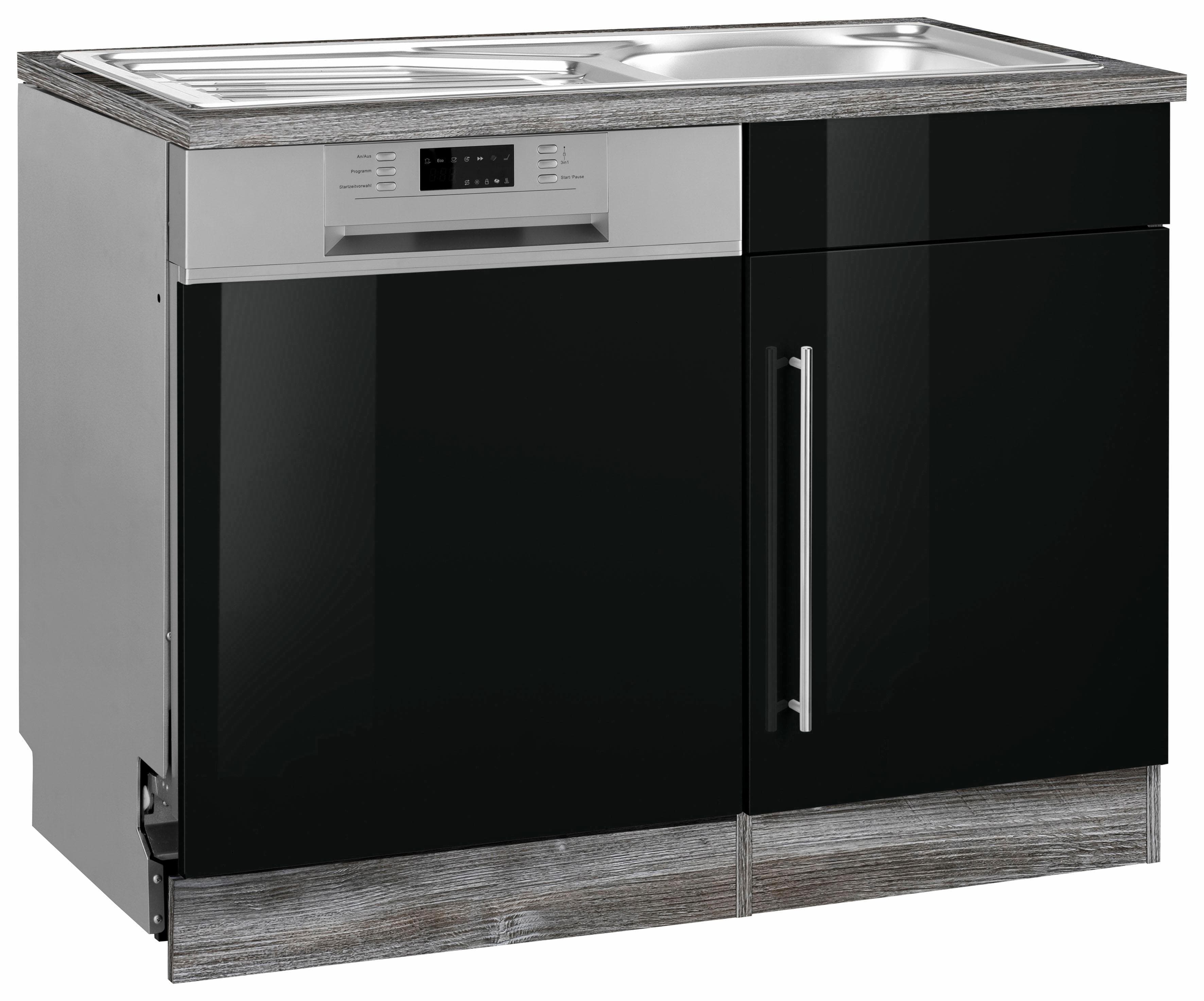Spülenschrank KS-Samos Schwarz Hochglanz Eiche Vintage mit Spüle