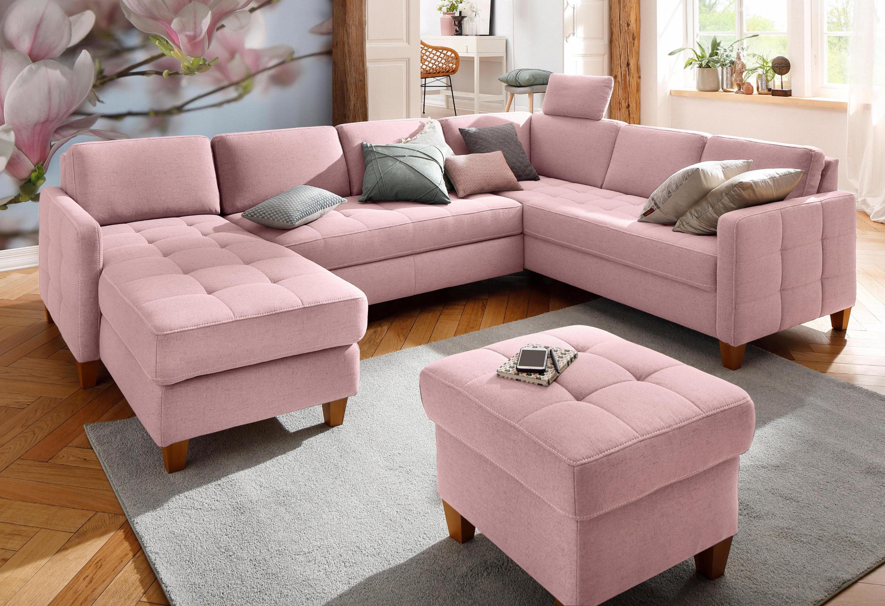 Home Affaire Wohnlandschaft Earl U-Form Rosa mit Bettfunktion
