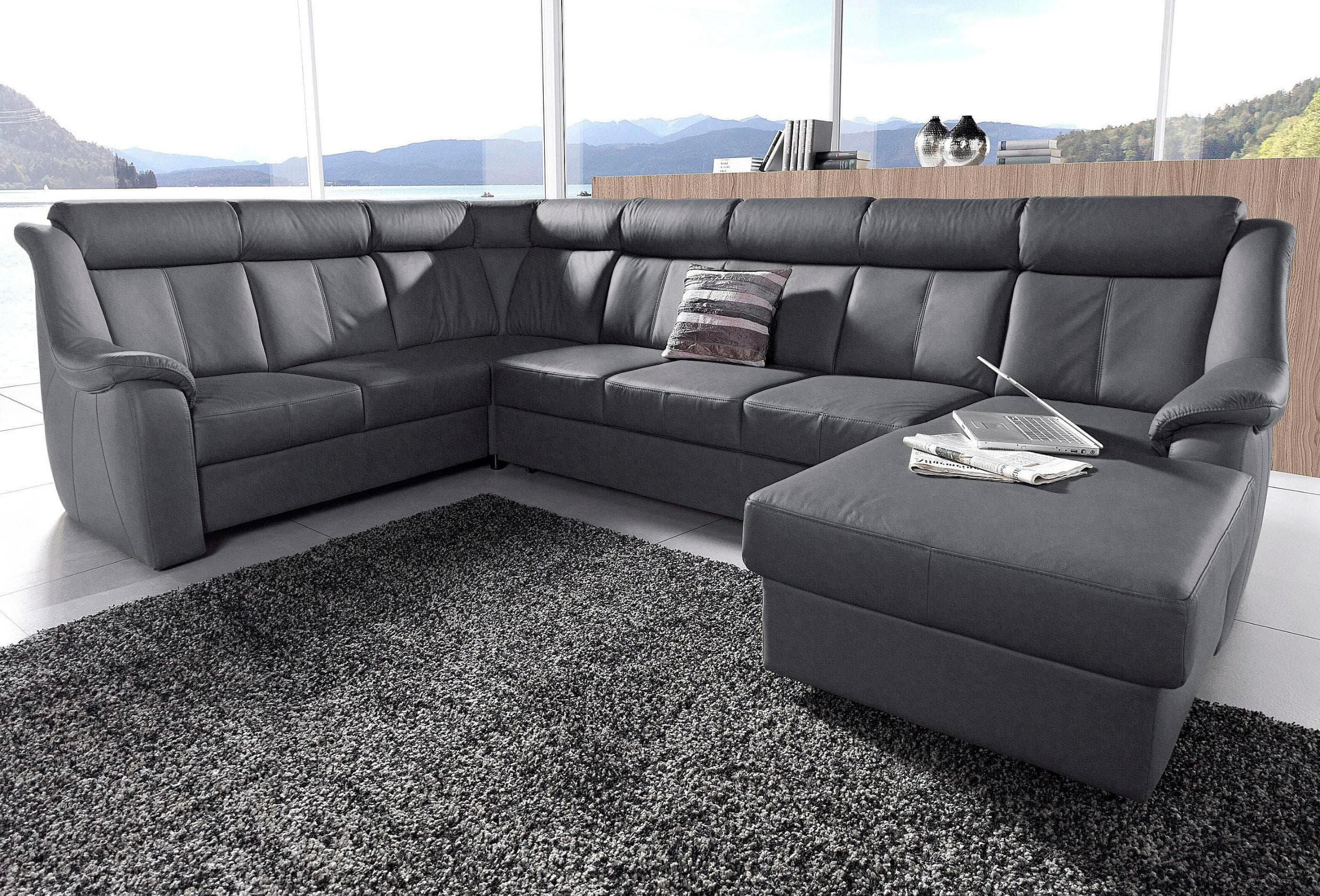 SIT & MORE Wohnlandschaft Basel U-Form Dunkelgrau Luxus-Microfaser