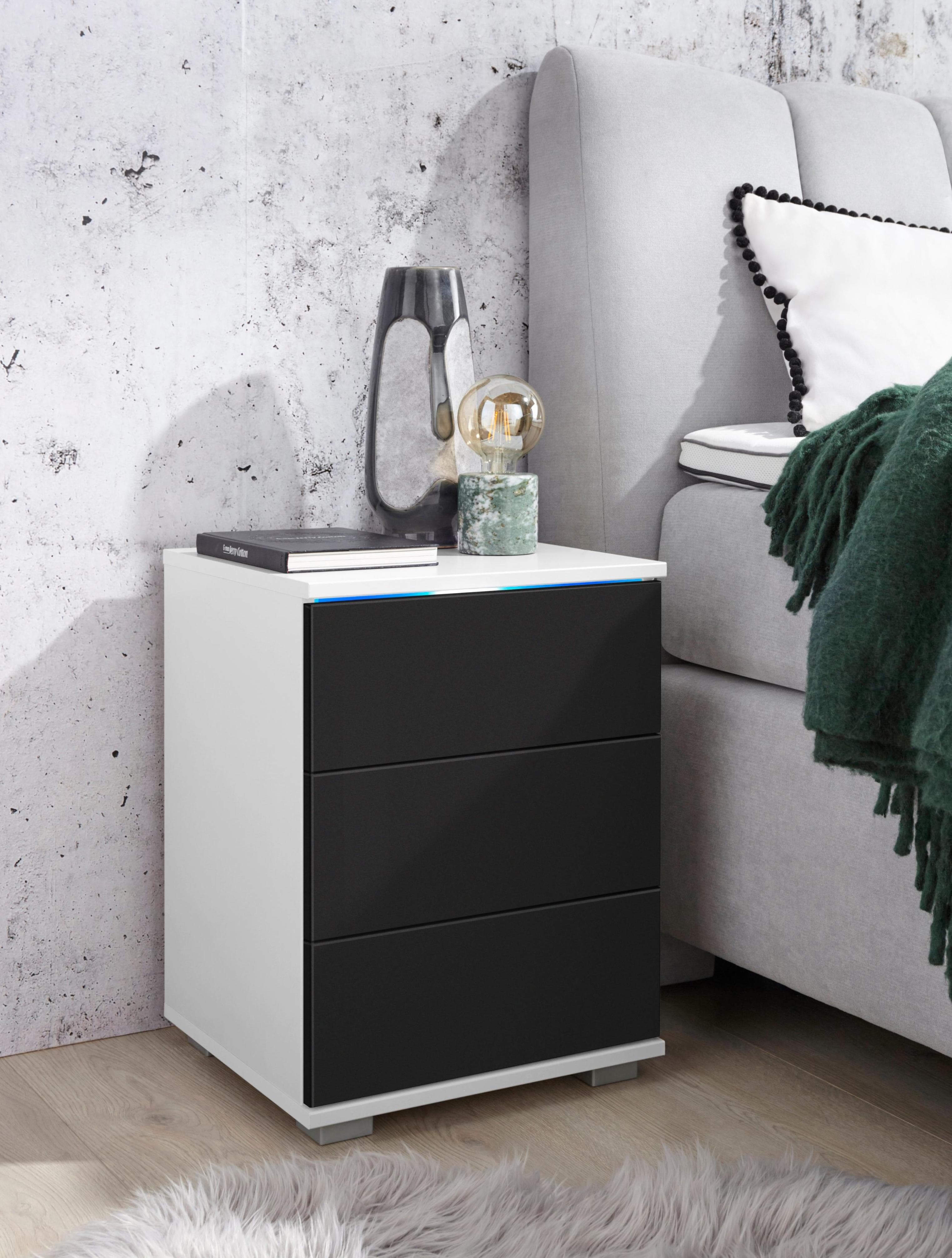 Nachtkommode PRIESS Schwarz/Weiß Hochglanz mit LED und Push-to-open