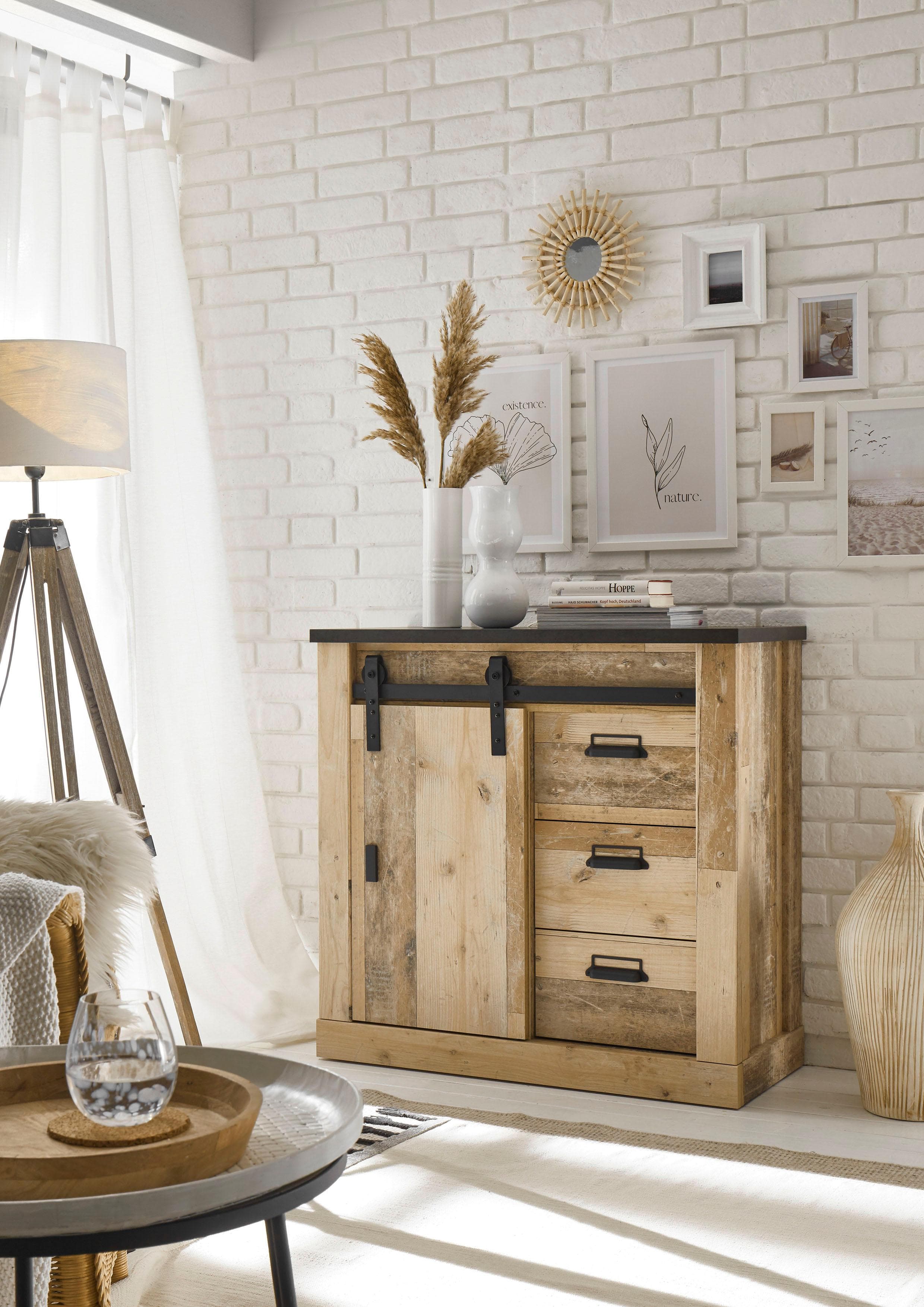 Kommode HOME AFFAIRE SHERWOOD Braun Old Style hell Dekor mit Schiebetür