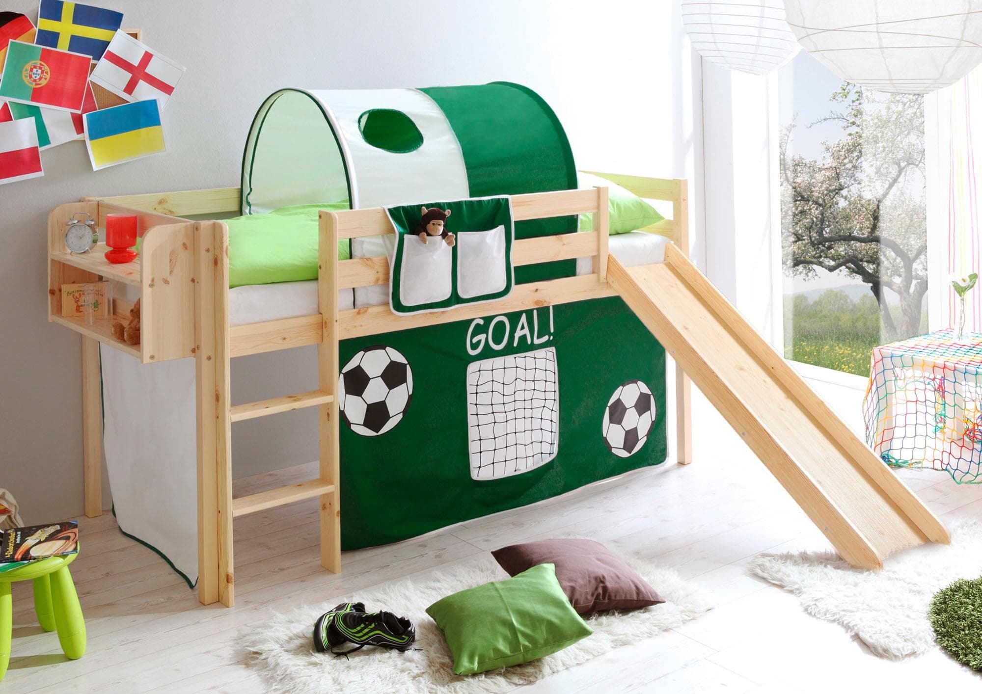 Massives Holz Hochbett mit Rollrost und Textil-Set - Optional mit Matratze