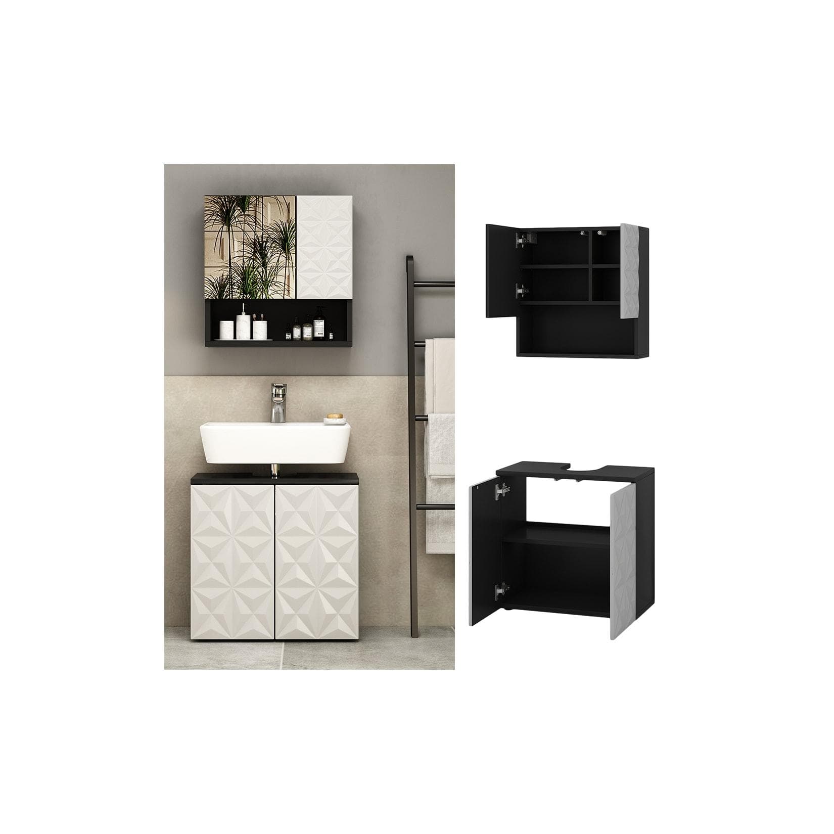 Vicco Badmöbel-Set Edge Schwarz Weiß Modern mit Push-to-Open