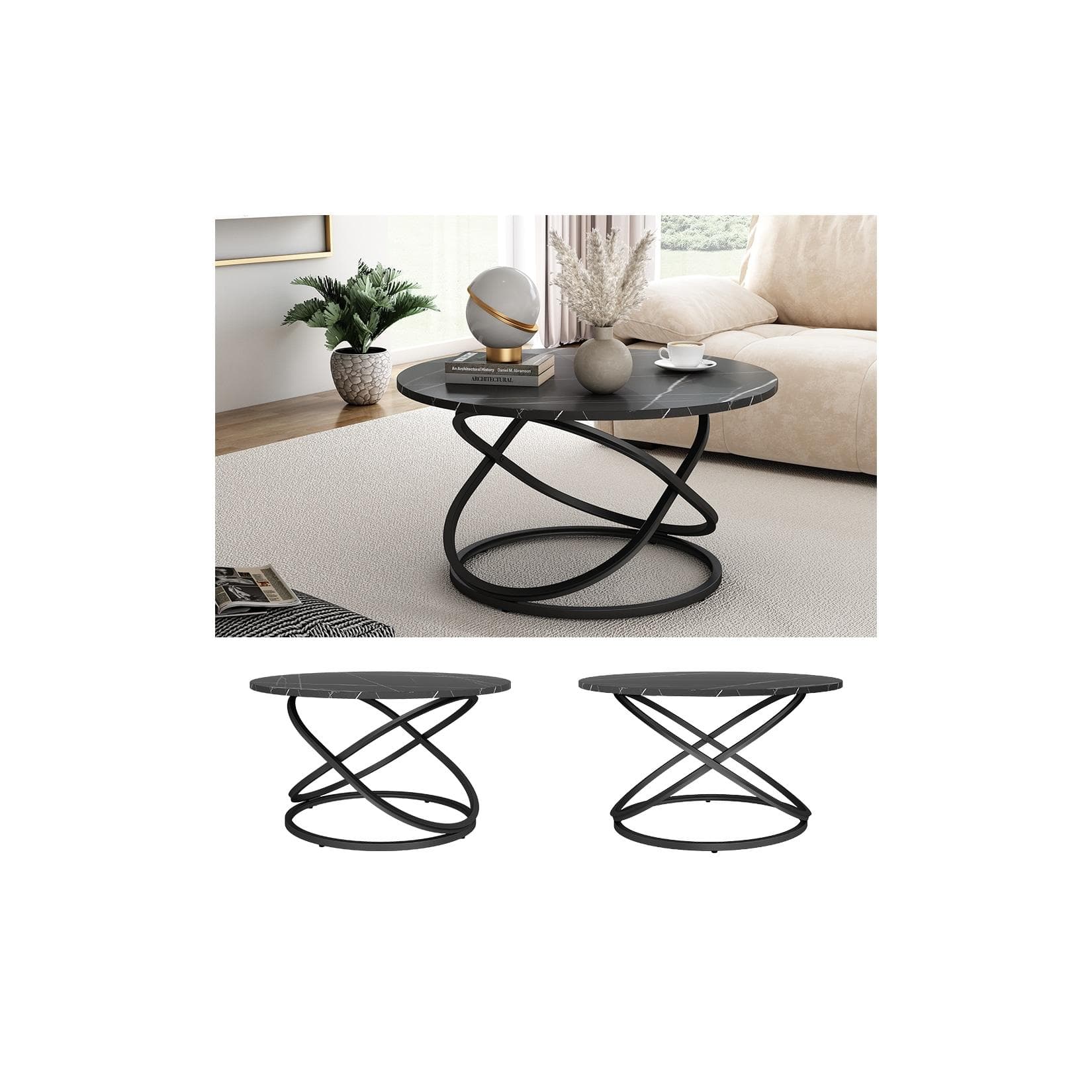 Couchtisch aus schwarzem Marmor mit großer Arbeitsfläche