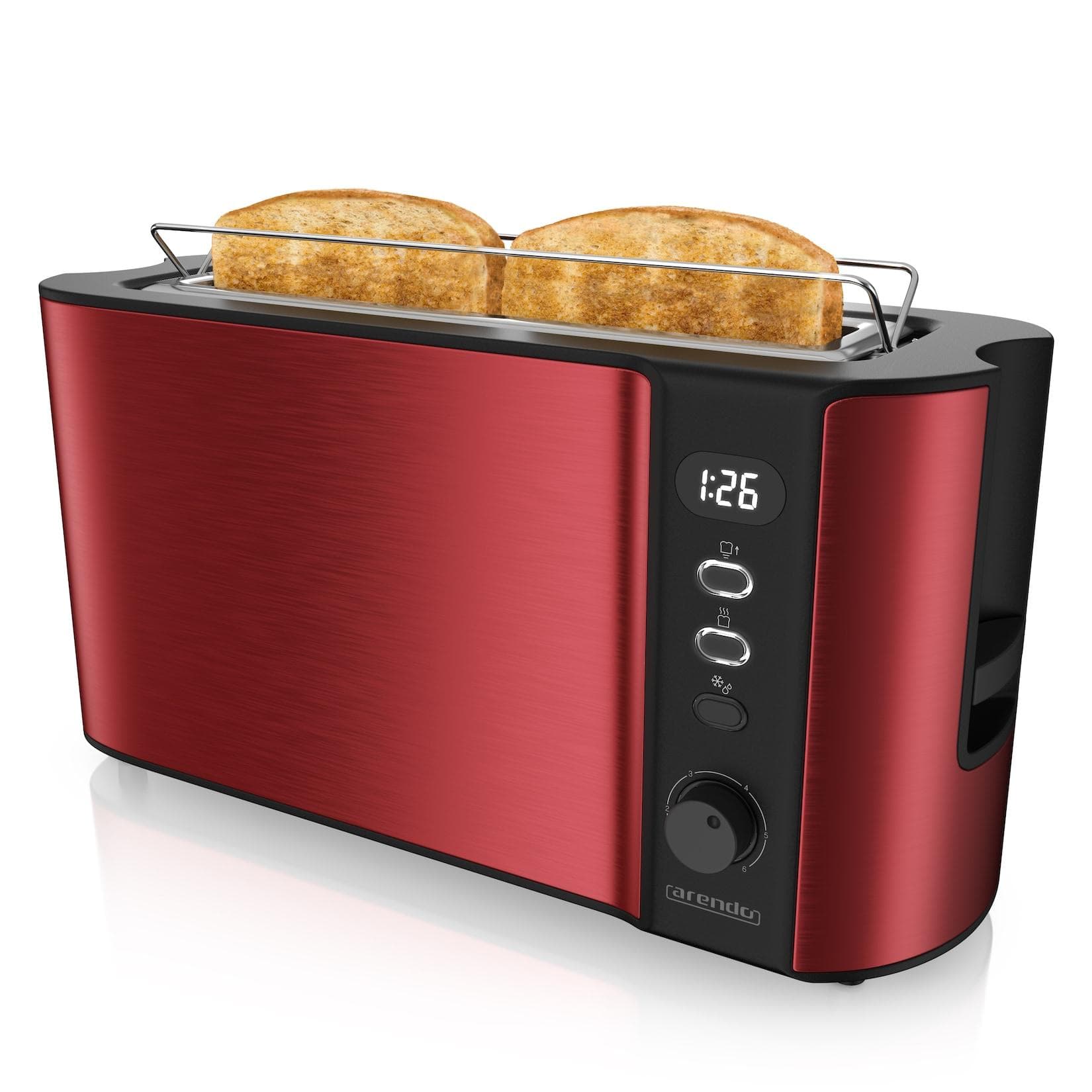 Arendo Toaster Langschlitz für 2 Scheiben, 1000 W, Brötchenaufsatz, Wärmeisoliert, Display, Rot
