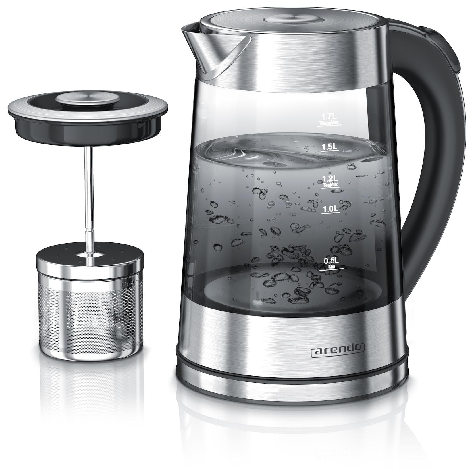 Arendo Edelstahl Glas Wasserkocher mit Teesieb und Rauchglas 1,7 Liter