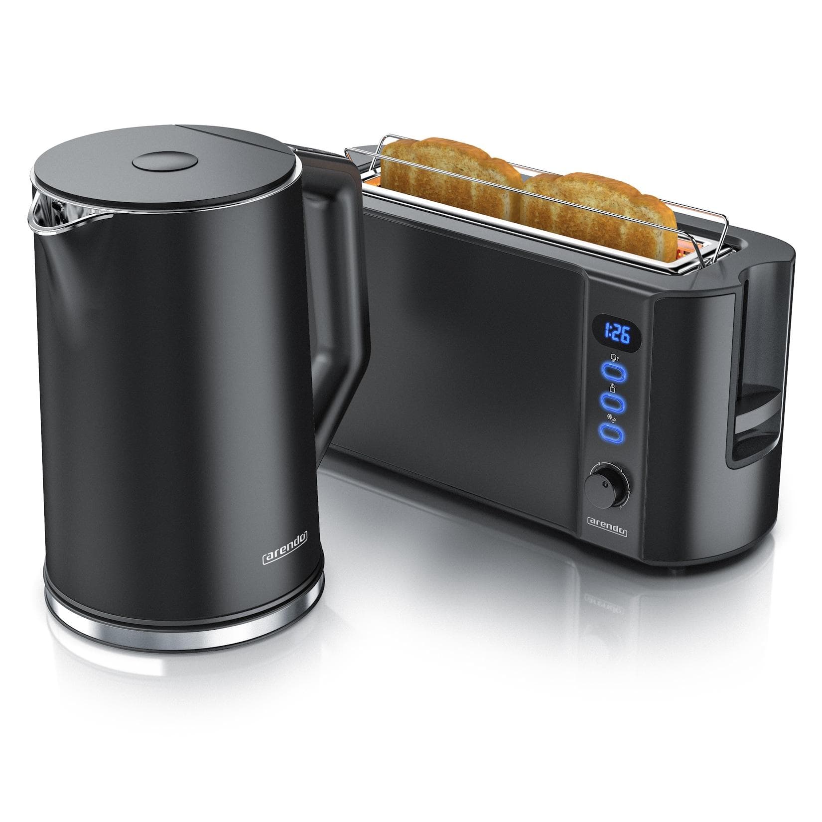 Arendo Frühstücksset Wasserkocher mit Temperatureinstellung Langschlitztoaster Schwarz