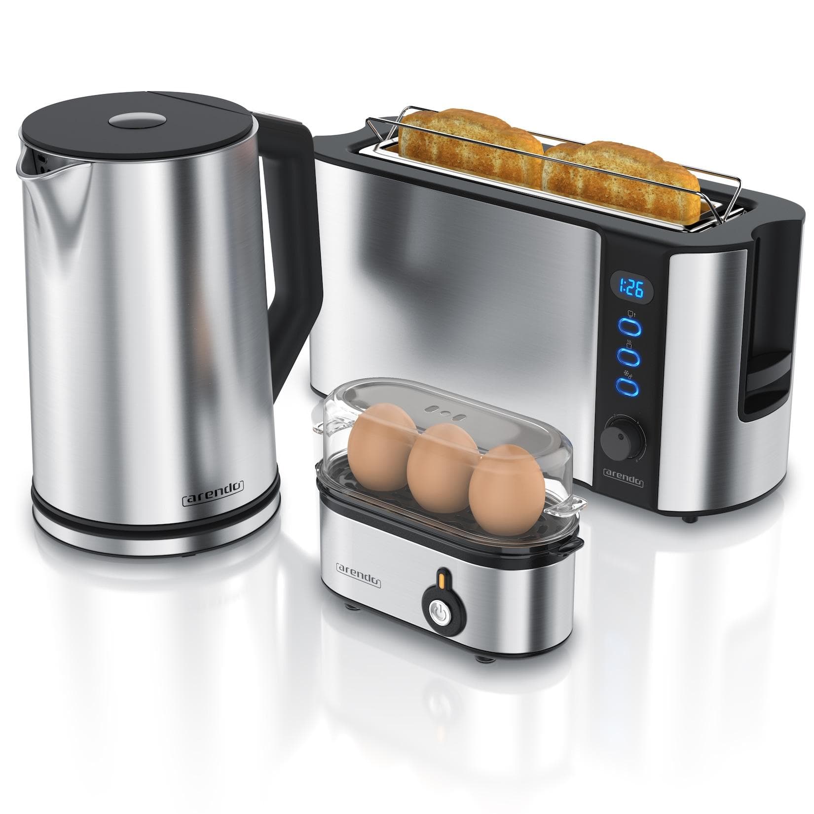 Arendo Frühstücks-Set Silber Wasserkocher Toaster Eierkocher