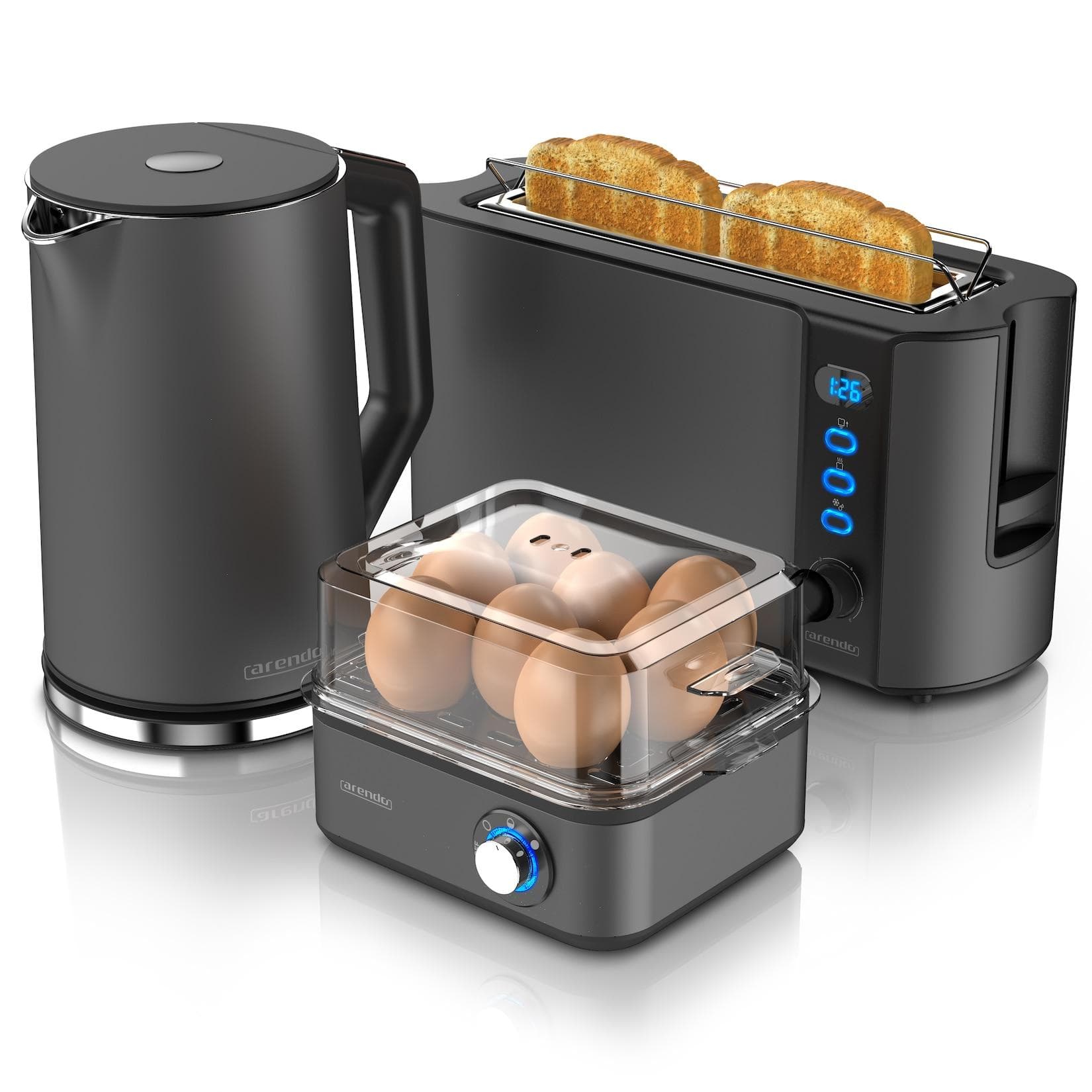 Arendo Frühstücks-Set in Grau Wasserkocher Toaster Eierkocher