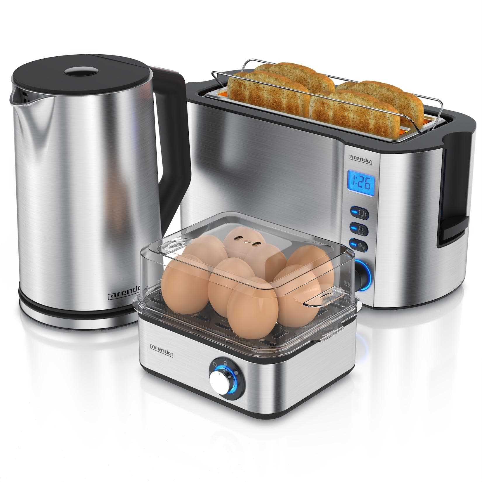 Arendo Frühstücks-Set 8er Eierkocher Wasserkocher 1,5l Toaster 4-Scheiben Silber